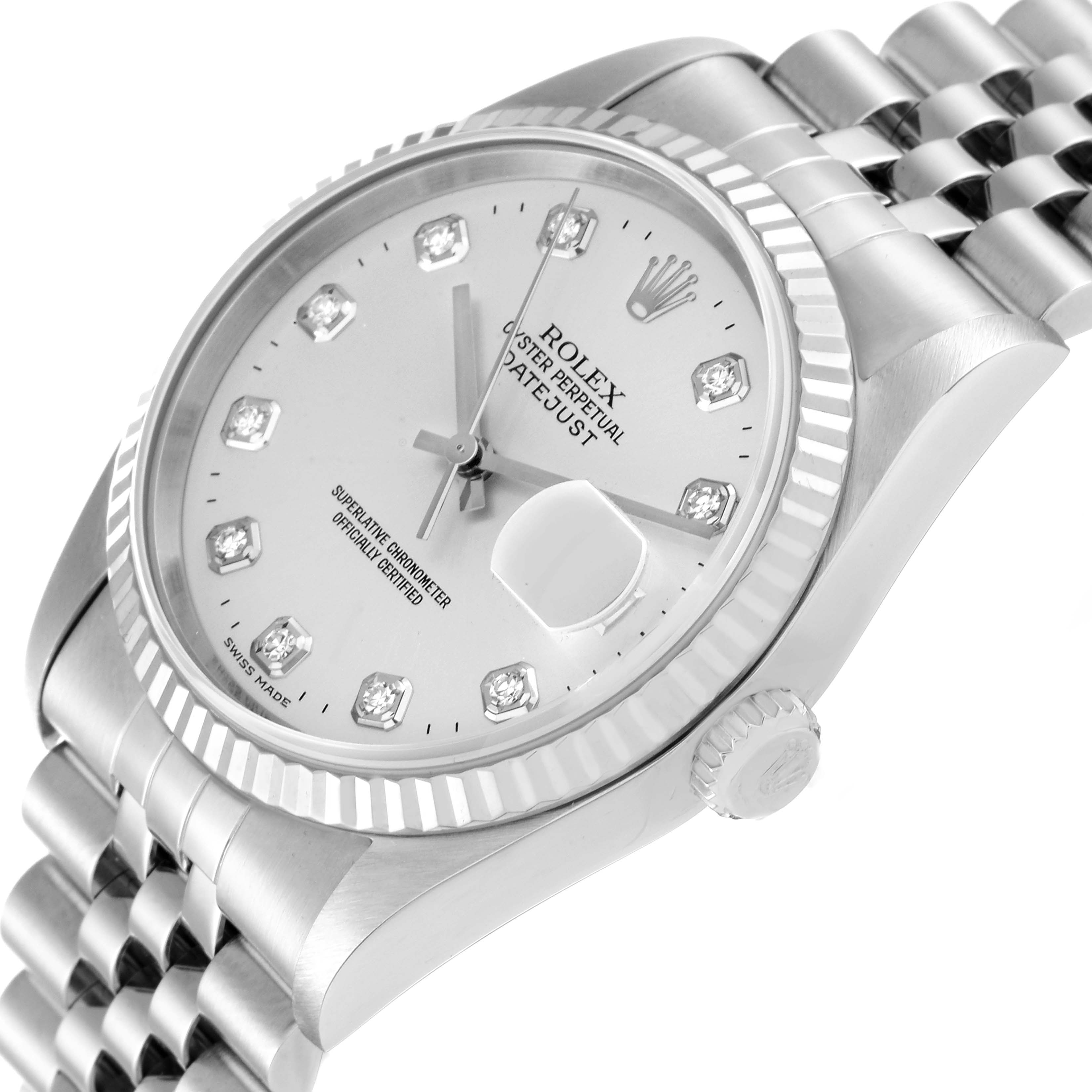 The Rolex Datejust 16234 Men's Stainless Steel Silver Dial 16234 Men's Stainless Steel Silver Dial watch is shown at a slight angle, revealing its face, crown, bracelet, and date magnifier.