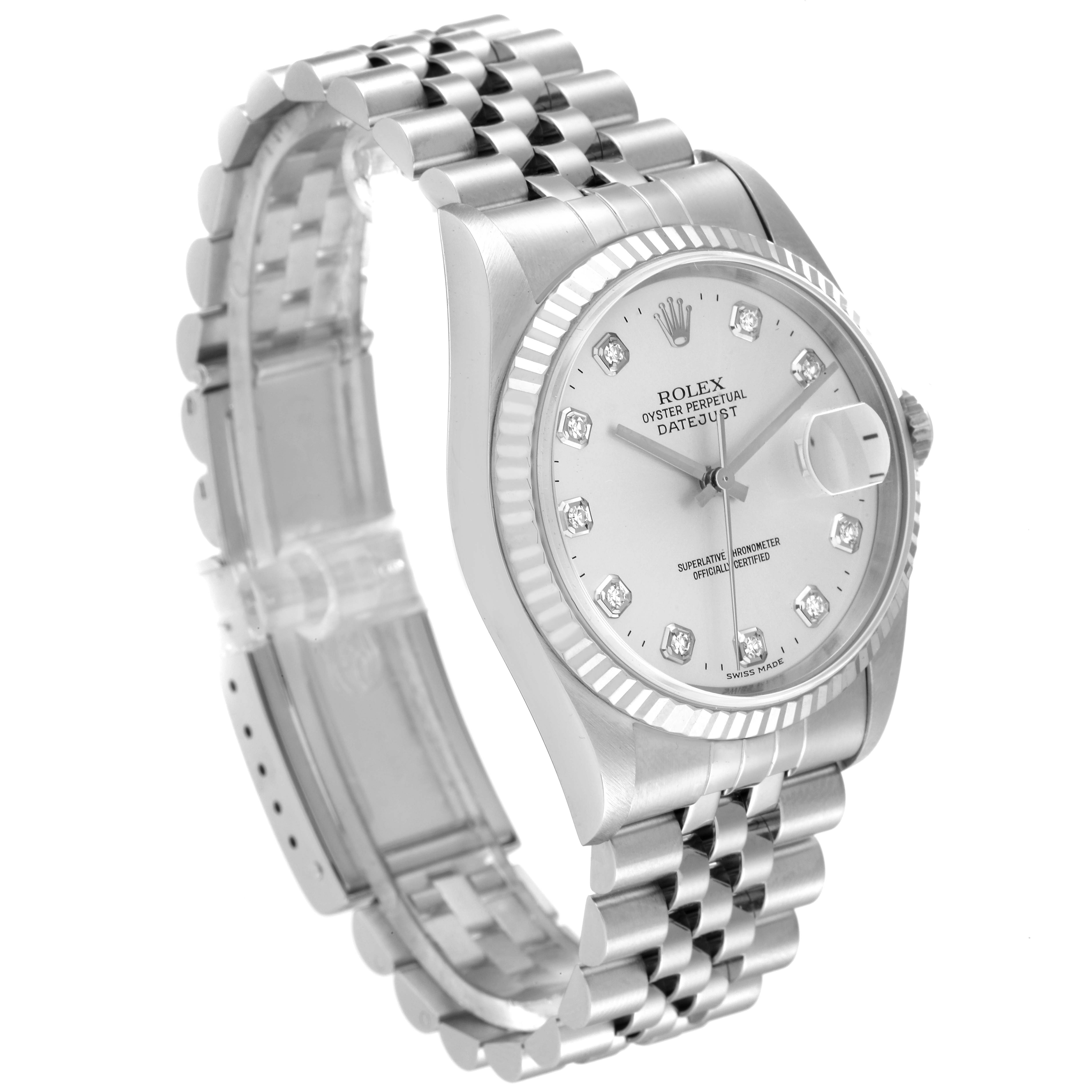 The image showcases a Rolex Datejust 16234 Men's Stainless Steel Silver Dial 16234 Men's Stainless Steel Silver Dial watch at a three-quarter angle, highlighting the face, bezel, and bracelet.