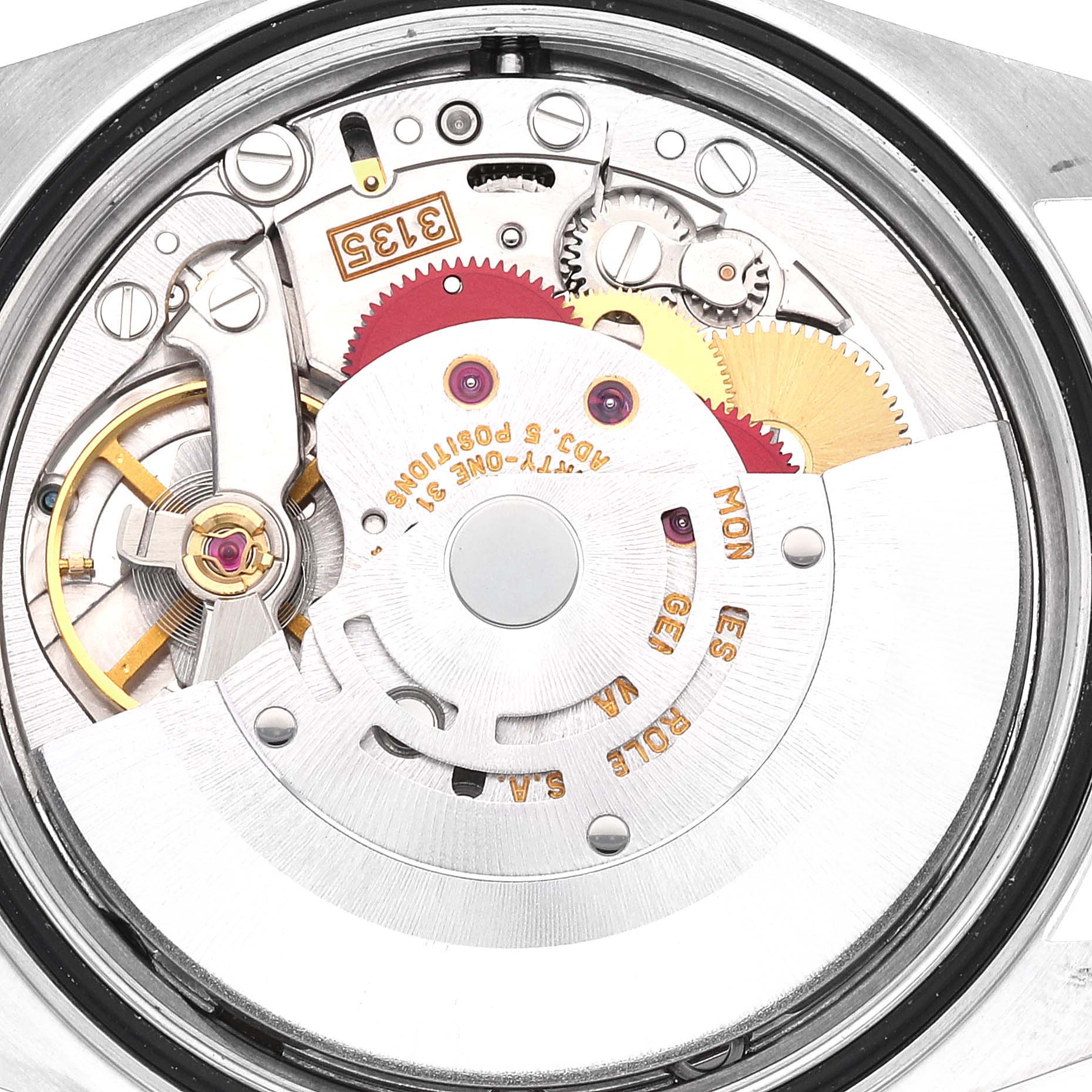 The image shows the internal movement mechanism of a Rolex Datejust 16234 Men's Stainless Steel Silver Dial 16234 Men's Stainless Steel Silver Dial watch, viewed from the back.