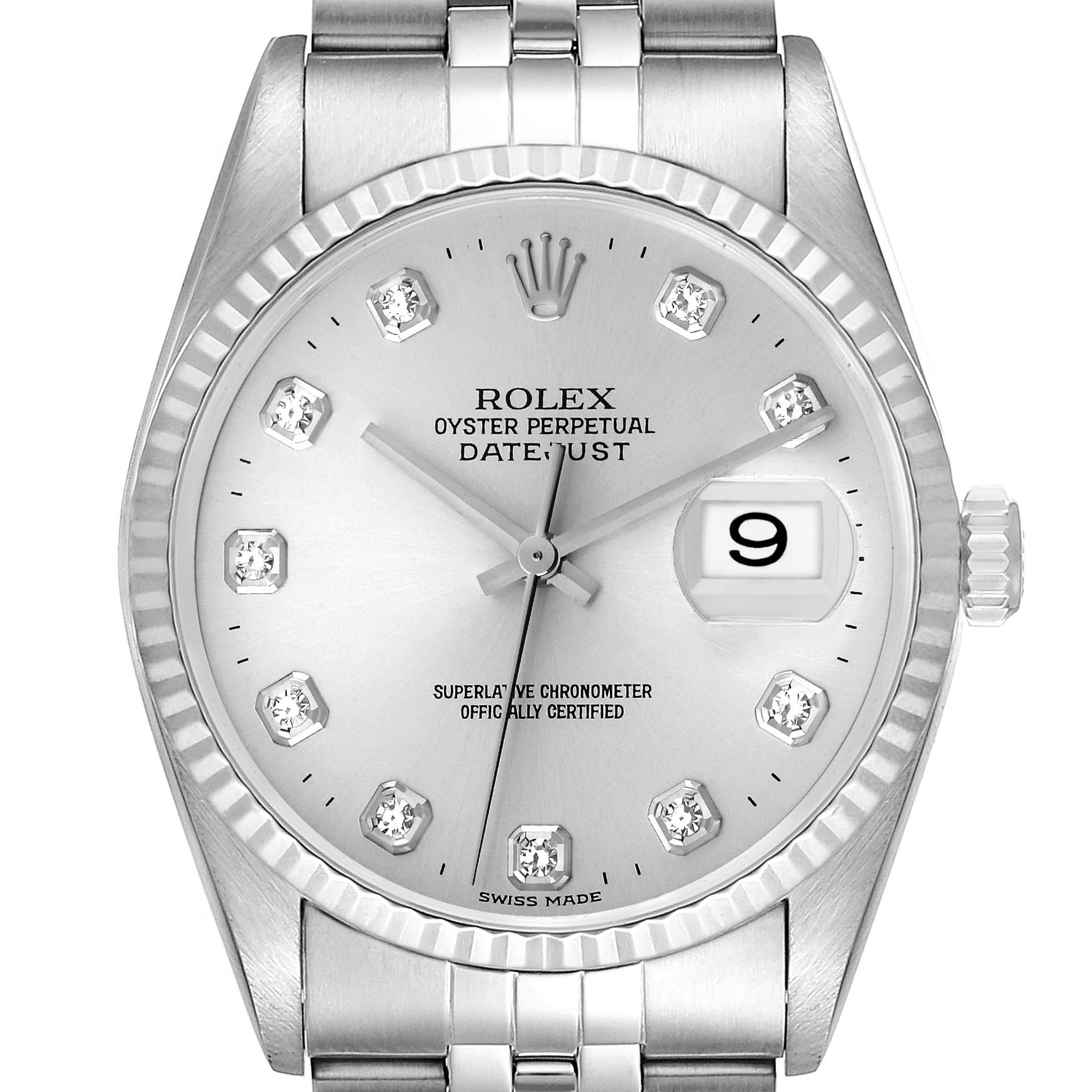 The image shows the front view of a Rolex Datejust 16234 Men's Stainless Steel Silver Dial 16234 Men's Stainless Steel Silver Dial watch, highlighting its dial, hands, date window, and part of the bracelet.