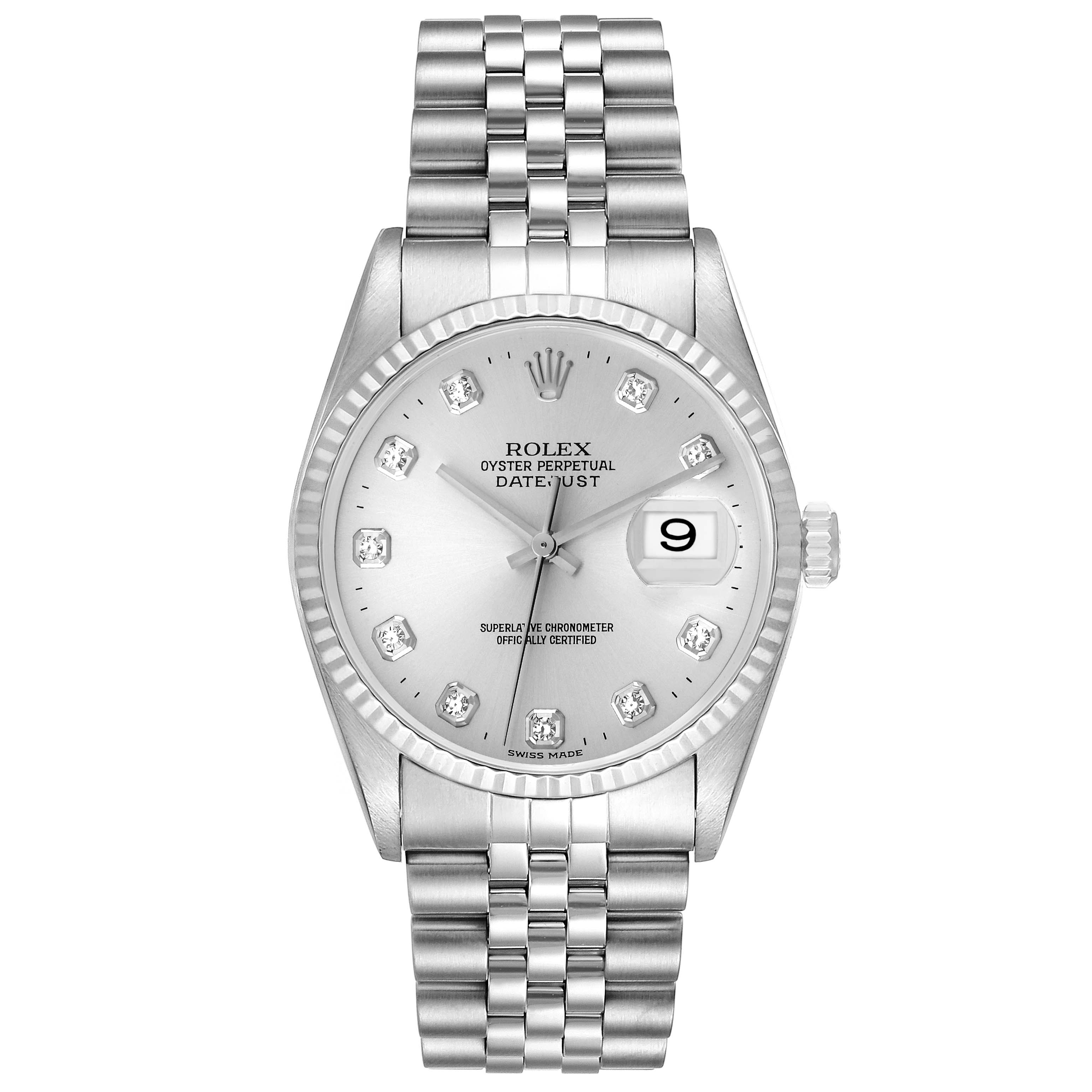 The image shows a frontal view of a Rolex Datejust 16234 Men's Stainless Steel Silver Dial 16234 Men's Stainless Steel Silver Dial watch, displaying the dial, bezel, case, crown, and bracelet.