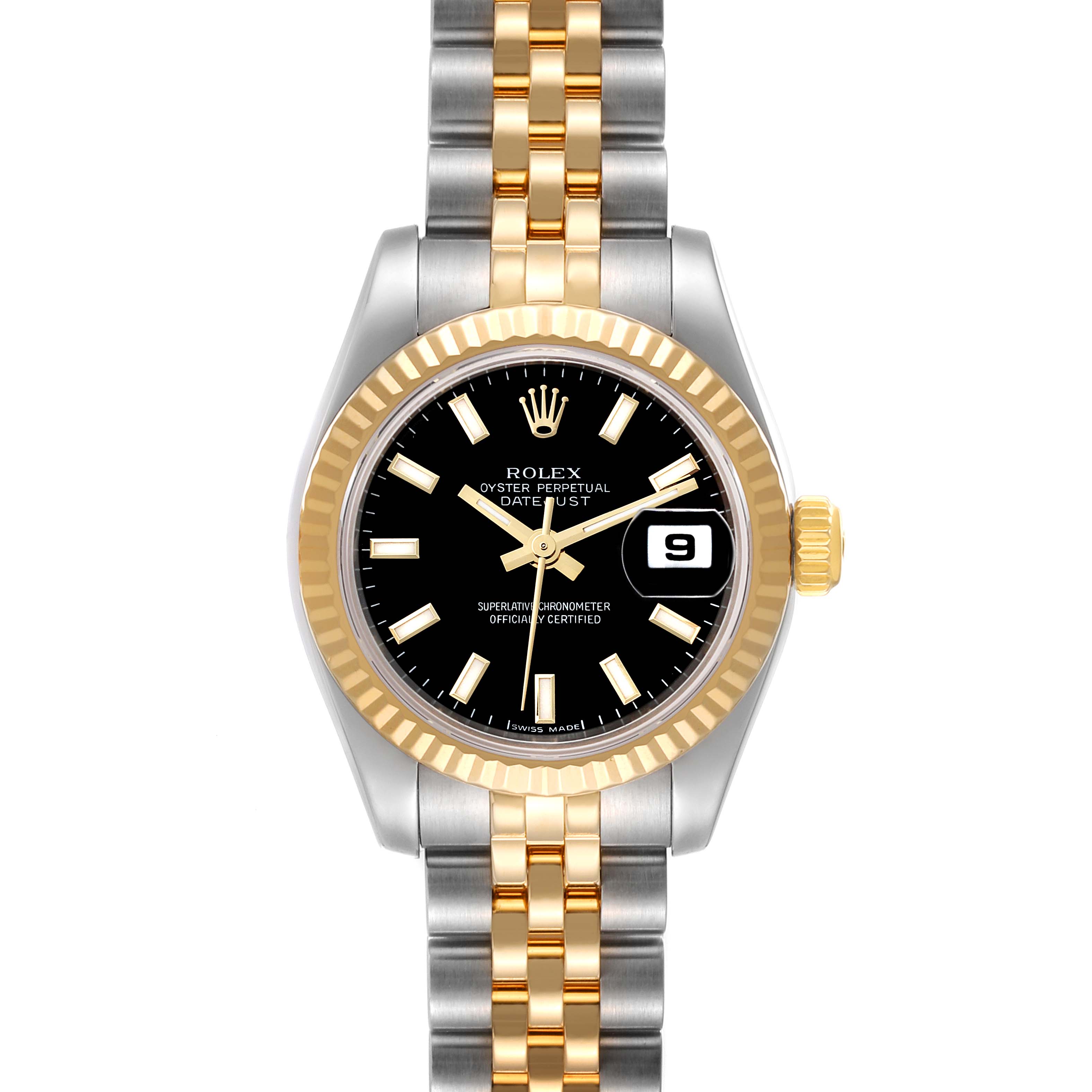 The image shows a front view of a Rolex Datejust 179173 Women's Steel and Gold (two tone) Black Dial 179173 Women's Steel and Gold (two tone) Black Dial watch with a black dial, gold fluted bezel, and two-tone bracelet.