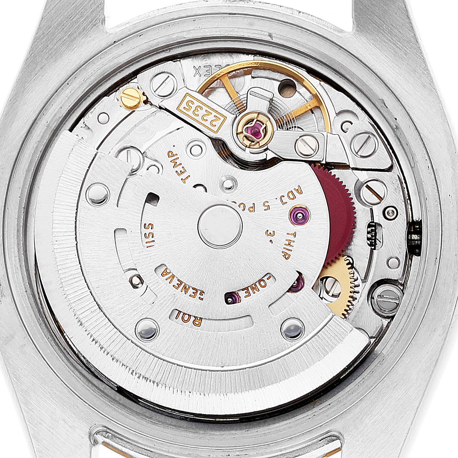 The image shows the internal movement mechanism of the Rolex Datejust 179173 Women's Steel and Gold (two tone) Black Dial 179173 Women's Steel and Gold (two tone) Black Dial watch from a bottom-up angle.