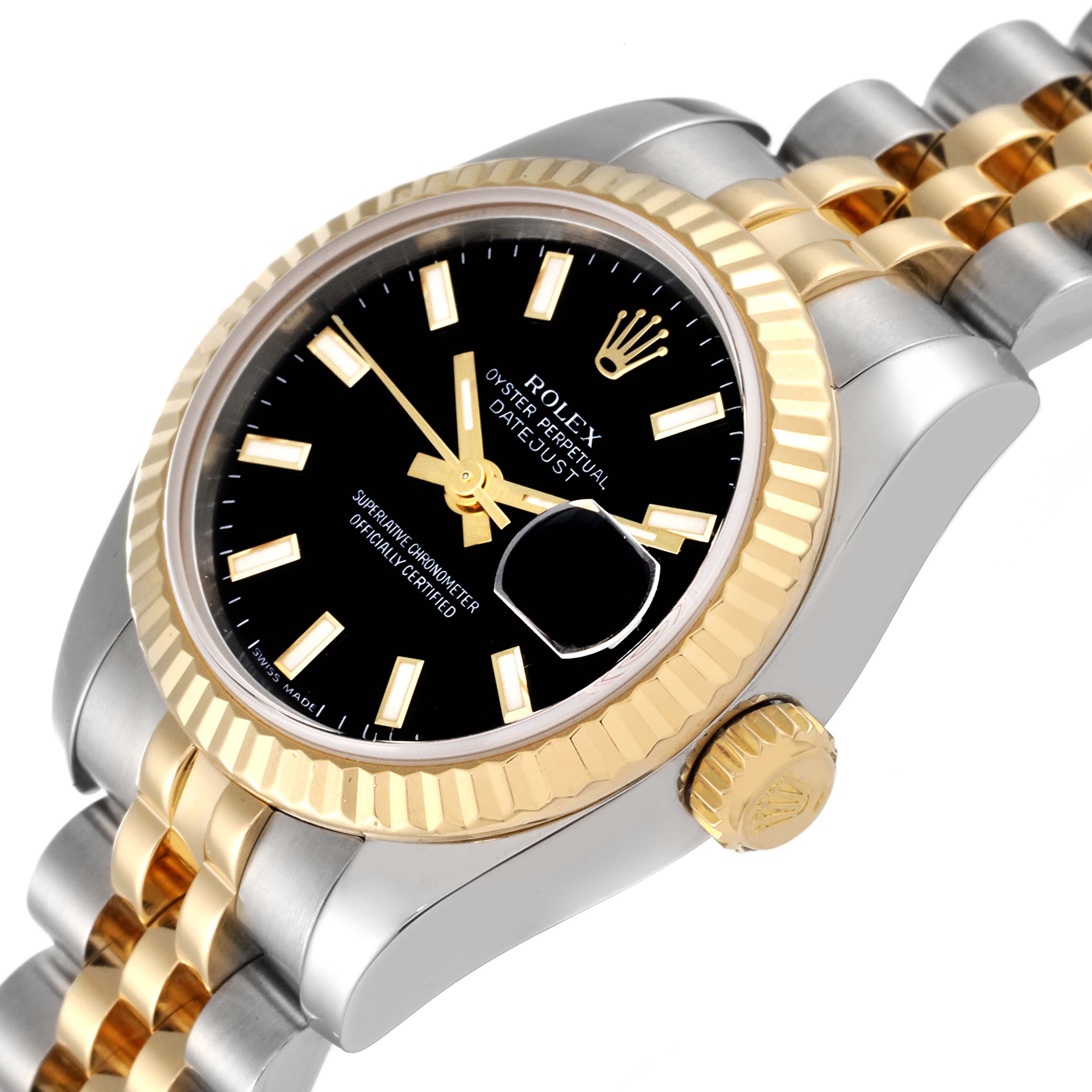 This image shows a side angle view of a Rolex Datejust 179173 Women's Steel and Gold (two tone) Black Dial 179173 Women's Steel and Gold (two tone) Black Dial watch, highlighting the watch face, bezel, crown, and part of the bracelet.