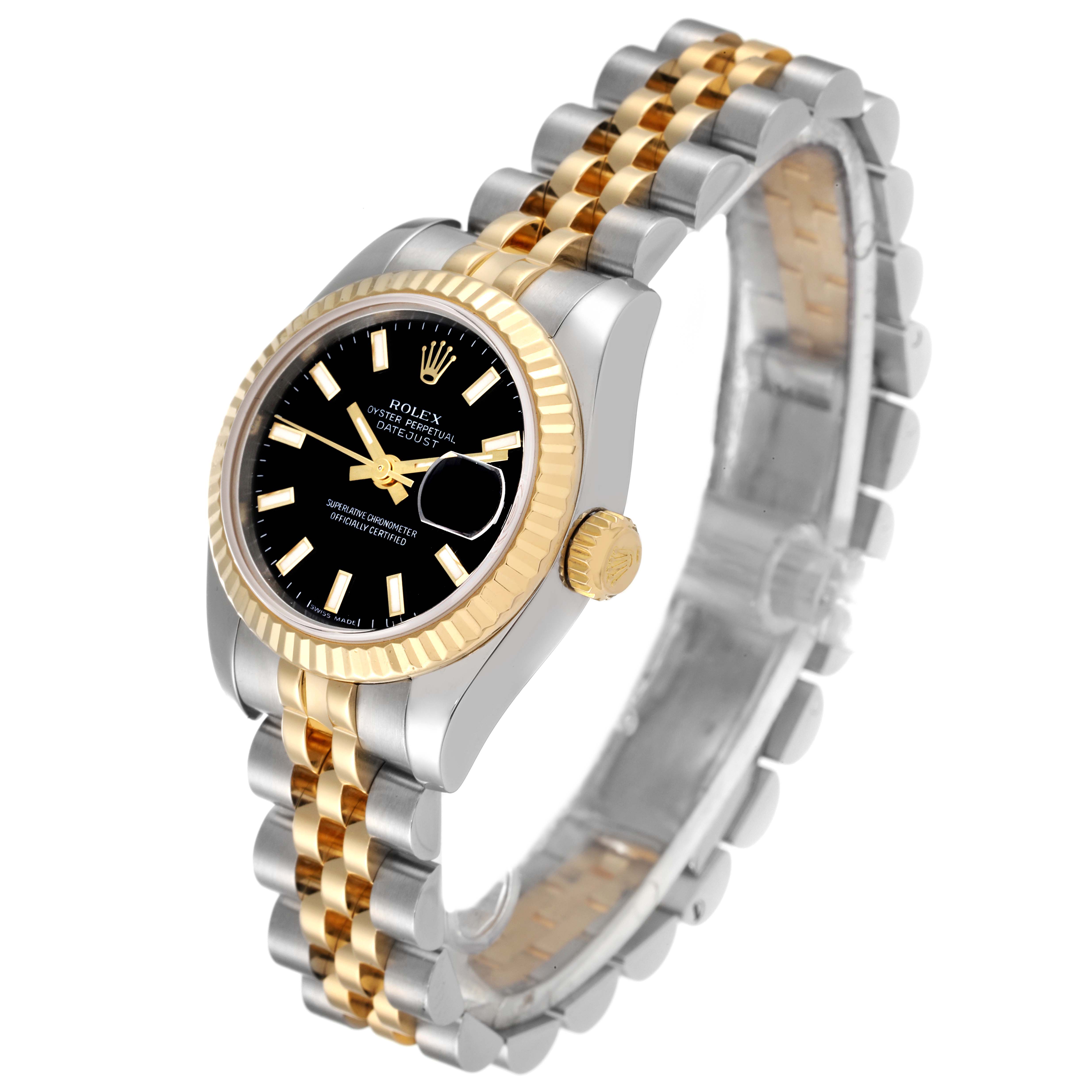 The image shows a Rolex Datejust 179173 Women's Steel and Gold (two tone) Black Dial 179173 Women's Steel and Gold (two tone) Black Dial watch at an angle showcasing its black dial, fluted bezel, and two-tone Jubilee bracelet.