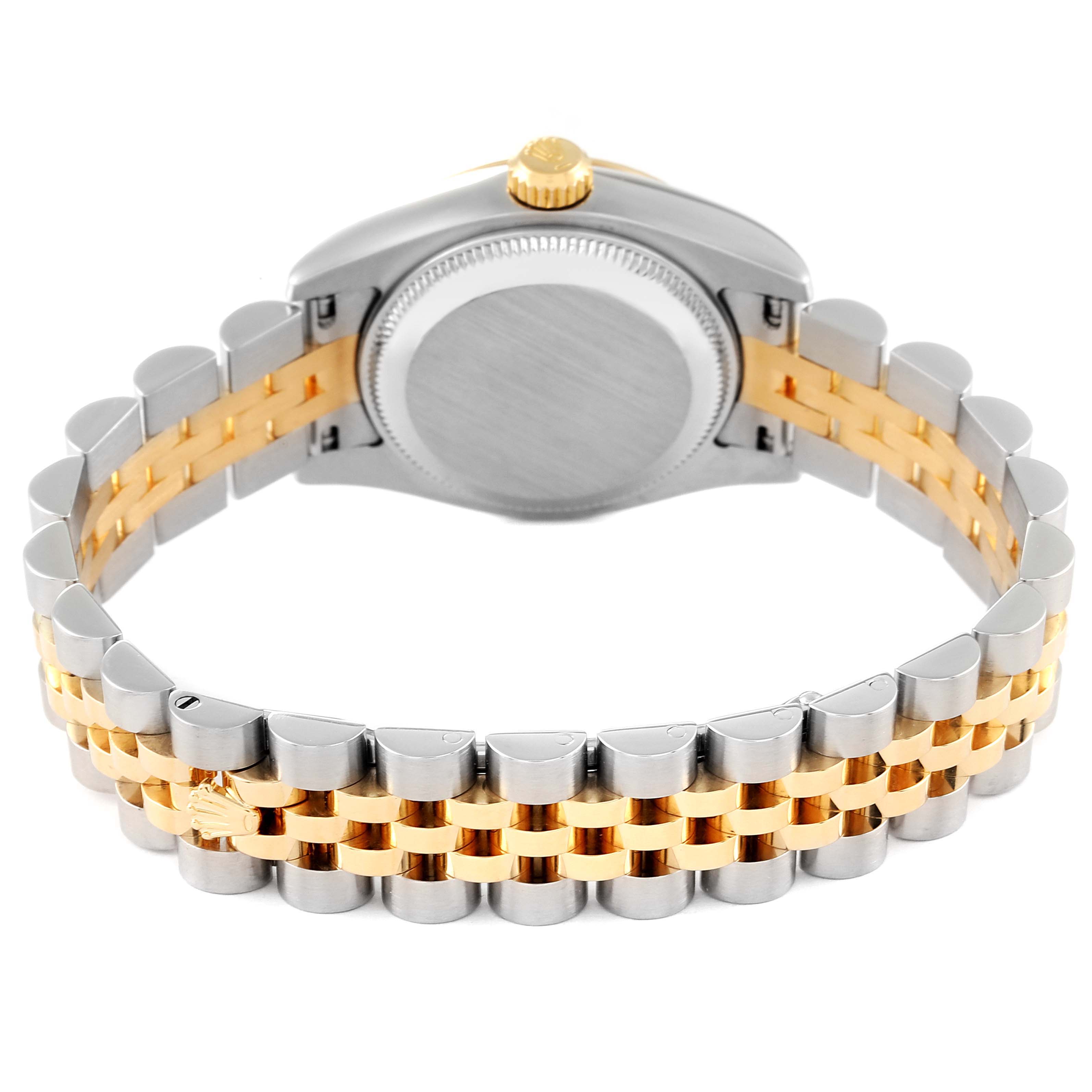 This image of a Rolex Datejust 179173 Women's Steel and Gold (two tone) Black Dial 179173 Women's Steel and Gold (two tone) Black Dial watch shows the back of the case and the two-tone bracelet in a rear angle.