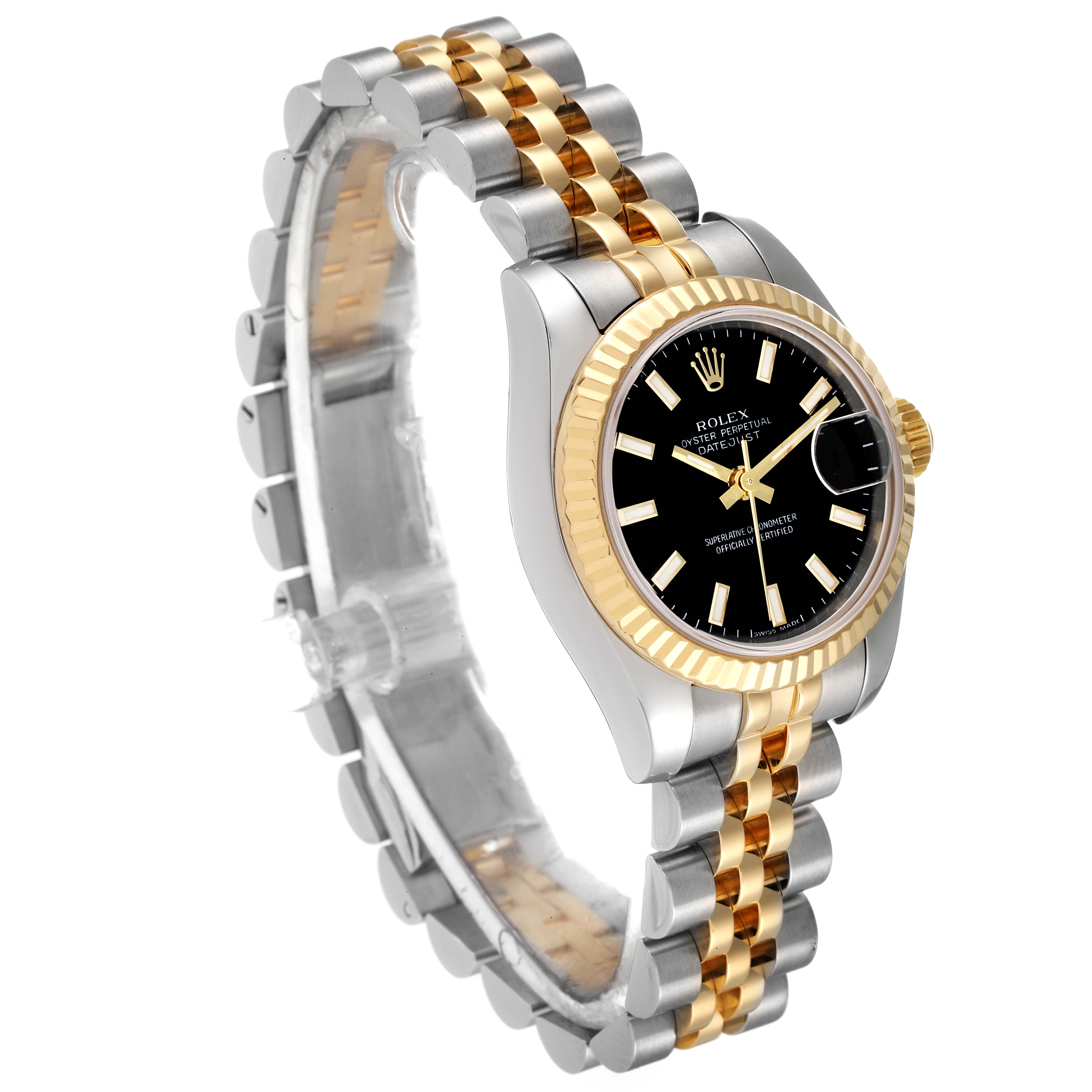 This image shows a Rolex Datejust 179173 Women's Steel and Gold (two tone) Black Dial 179173 Women's Steel and Gold (two tone) Black Dial watch at a slight angle, displaying the face, bezel, and two-tone bracelet.