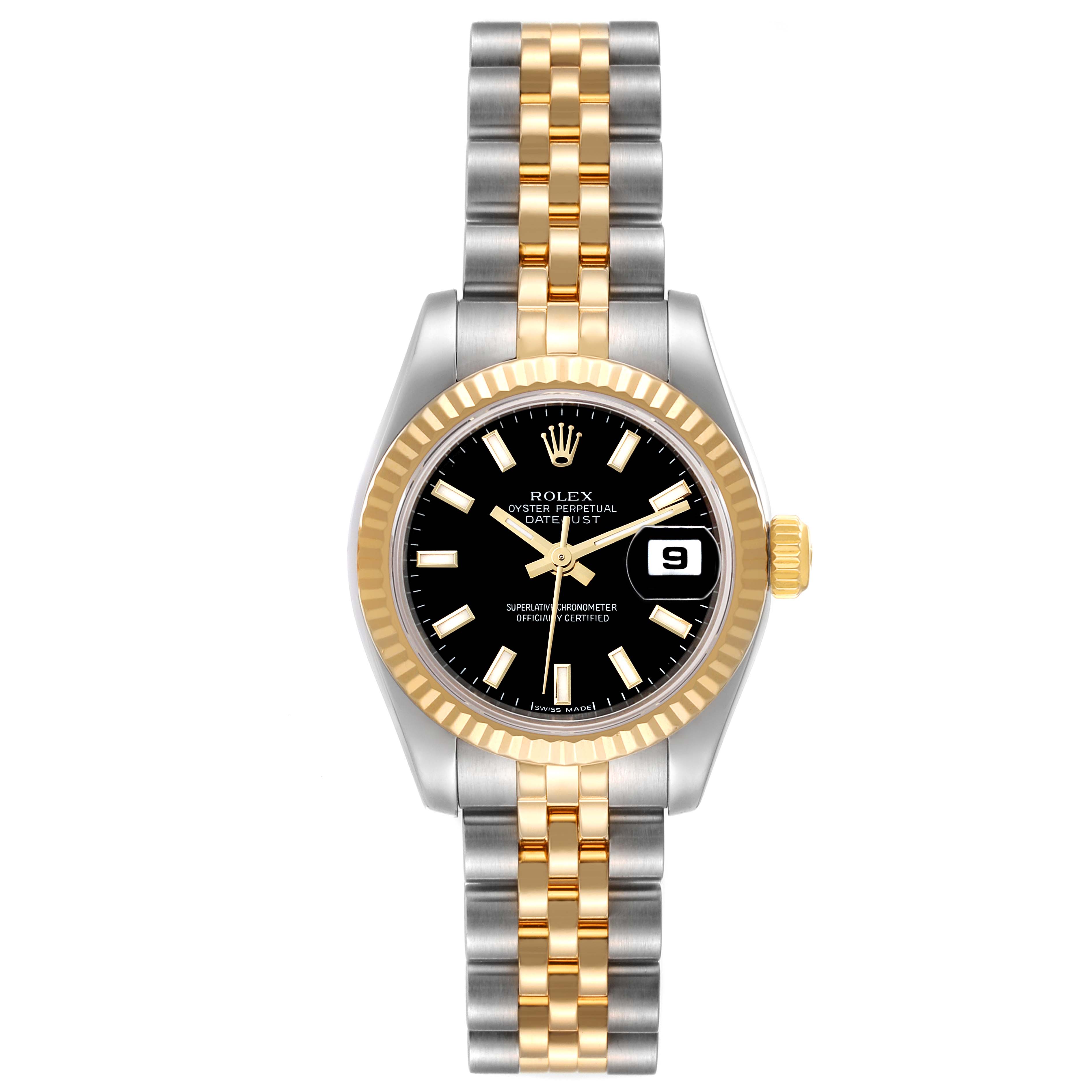 This is a front view of a Rolex Datejust 179173 Women's Steel and Gold (two tone) Black Dial 179173 Women's Steel and Gold (two tone) Black Dial watch, showing the bezel, dial, hands, date window, and two-tone bracelet.