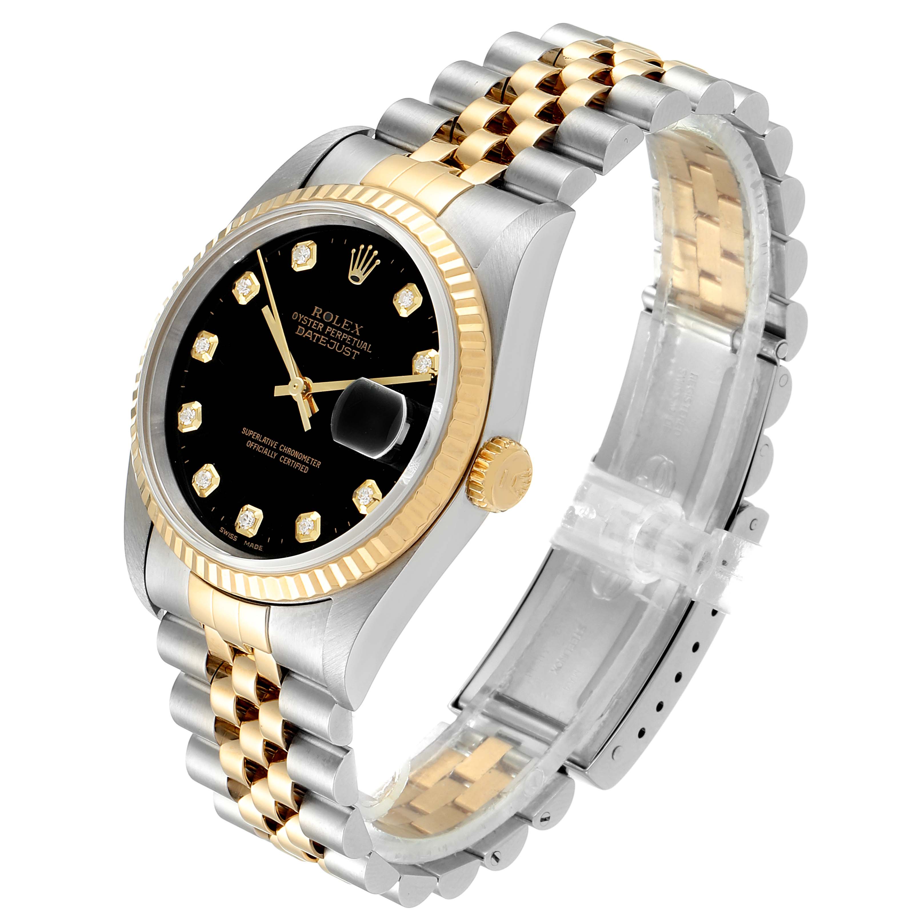 The Rolex Datejust 16233 Men's Steel and Gold (two tone) Black Dial 16233 Men's Steel and Gold (two tone) Black Dial watch is shown from a three-quarter angle, displaying its face, bracelet, crown, and partially open clasp.