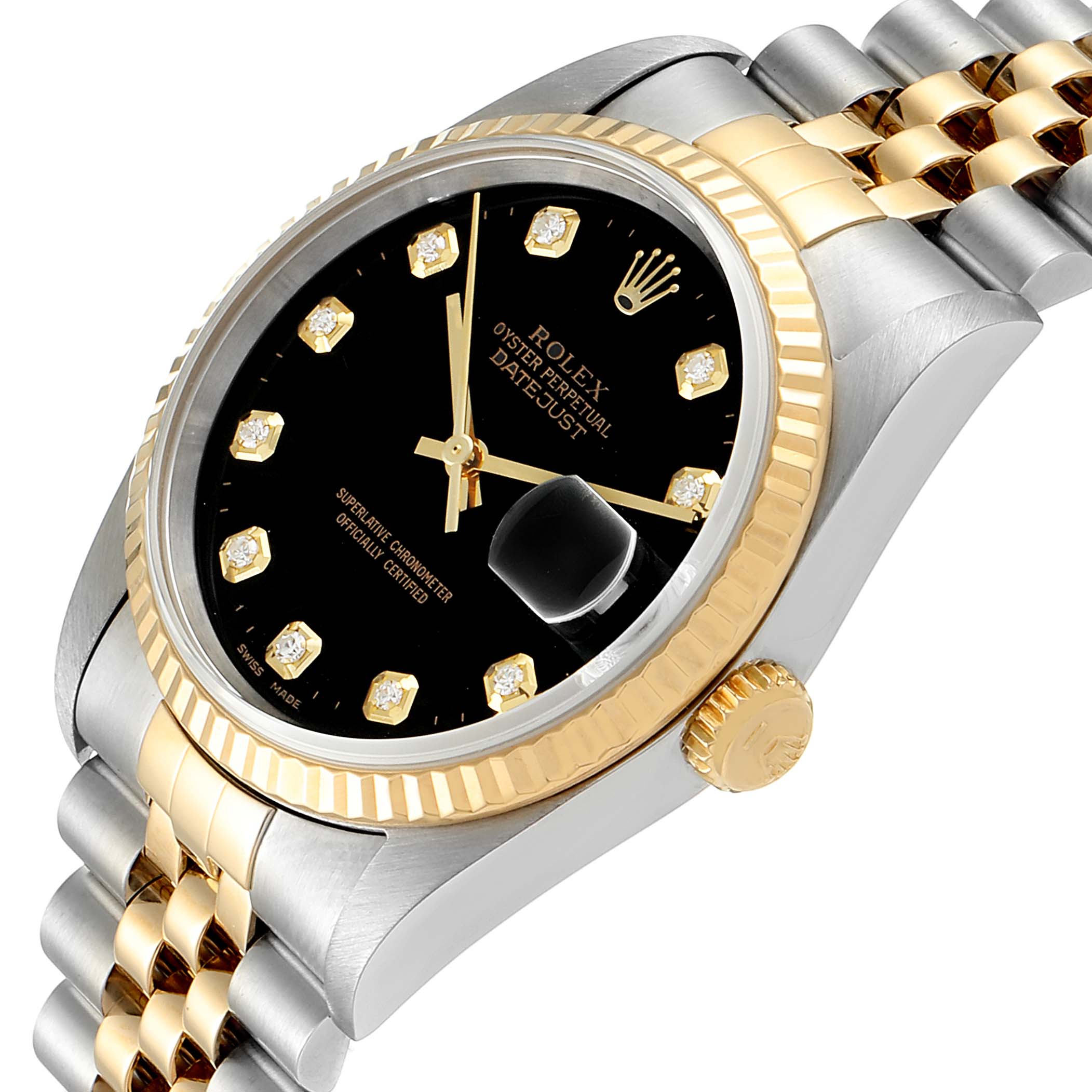 The image shows a close-up, angled view of a Rolex Datejust 16233 Men's Steel and Gold (two tone) Black Dial 16233 Men's Steel and Gold (two tone) Black Dial, displaying the dial, bezel, and bracelet.
