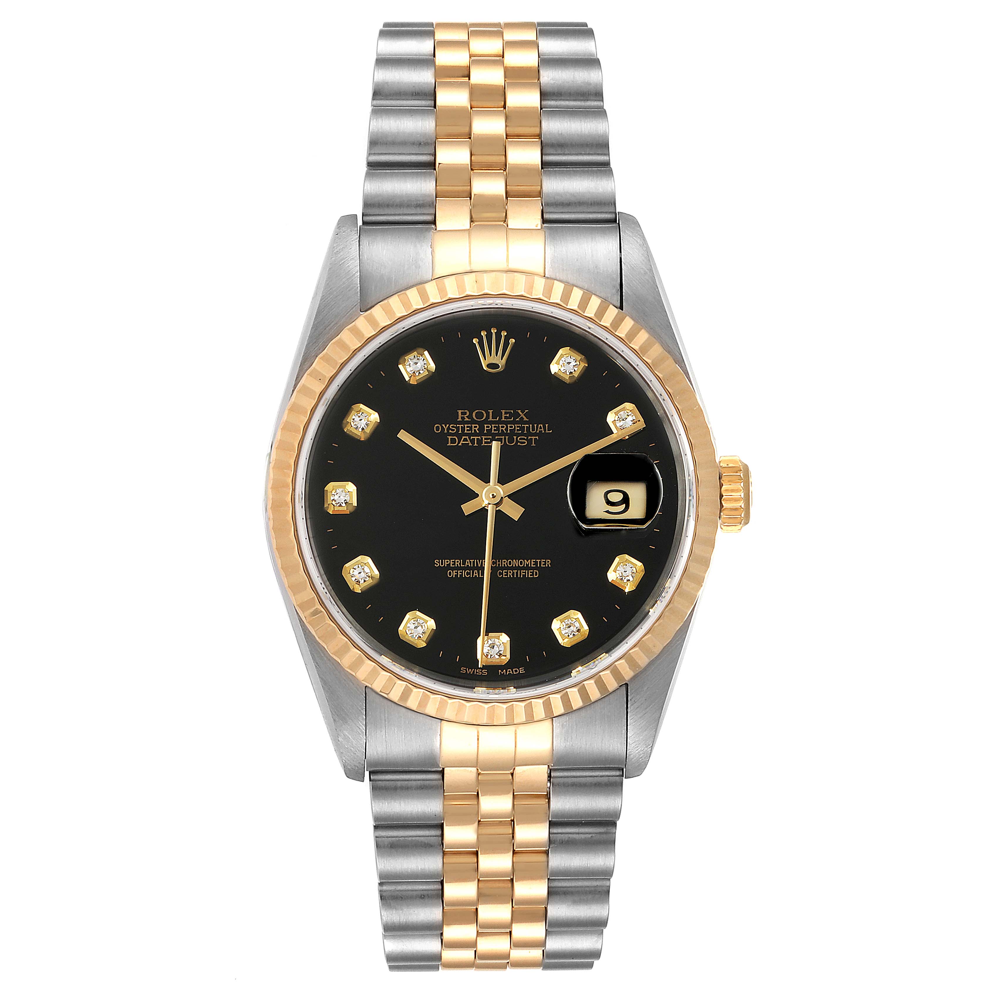 The Rolex Datejust 16233 Men's Steel and Gold (two tone) Black Dial 16233 Men's Steel and Gold (two tone) Black Dial watch is shown from the front, highlighting its black dial, gold fluted bezel, and two-tone Jubilee bracelet.