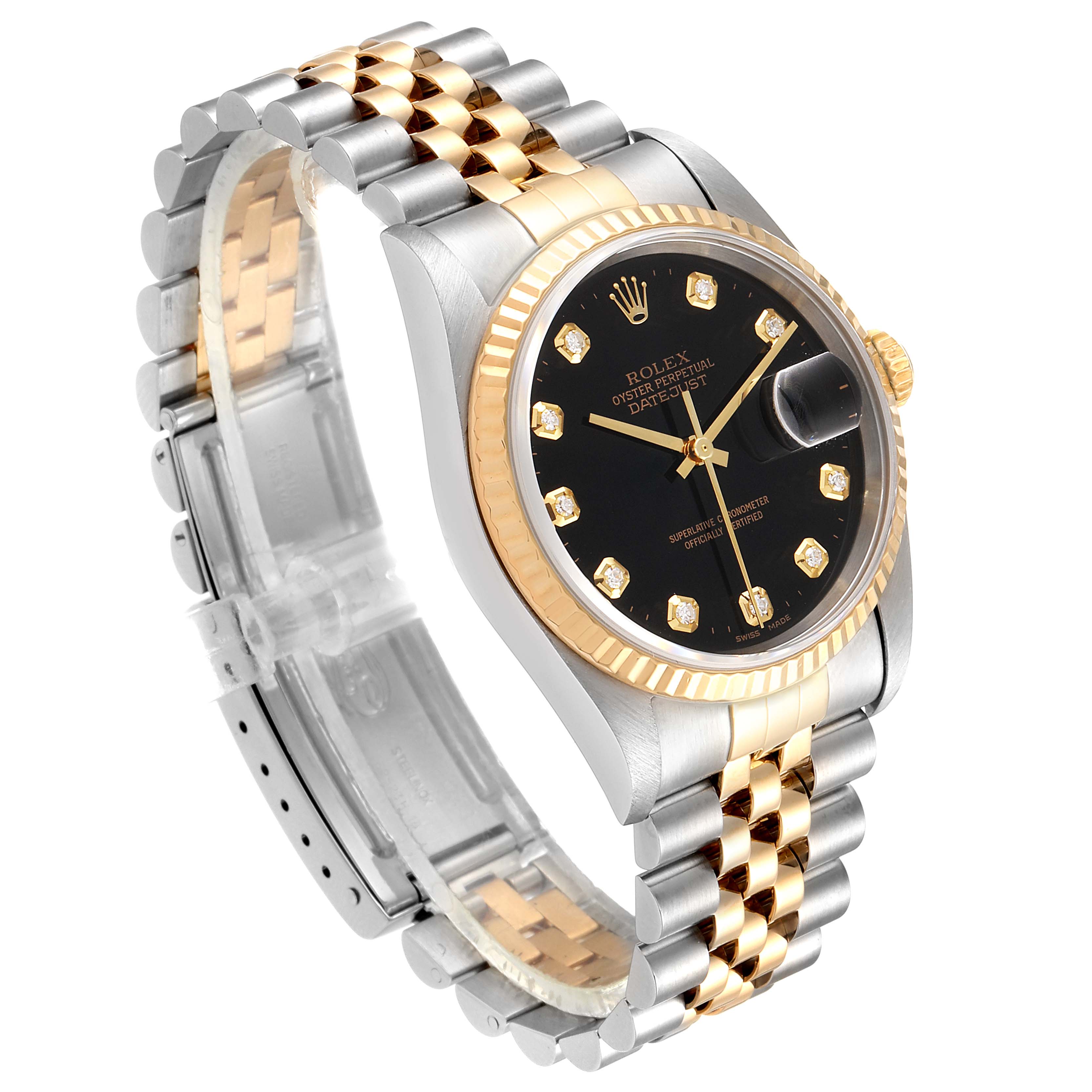 The Rolex Datejust 16233 Men's Steel and Gold (two tone) Black Dial 16233 Men's Steel and Gold (two tone) Black Dial watch is shown at an angled view, highlighting its black dial, two-tone bracelet, and fluted bezel.