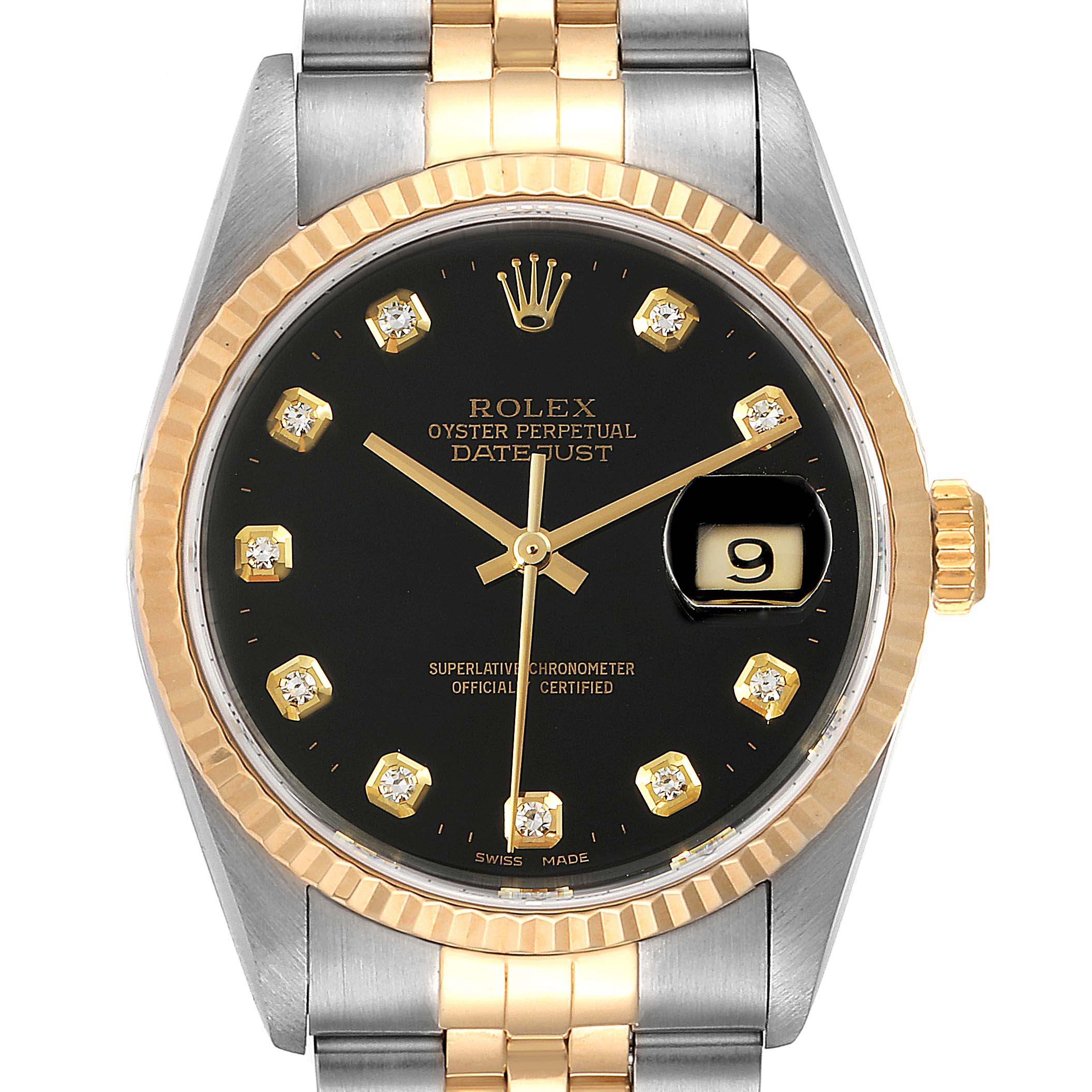 The image shows a front view of a Rolex Datejust 16233 Men's Steel and Gold (two tone) Black Dial 16233 Men's Steel and Gold (two tone) Black Dial watch, highlighting its black dial, gold hour markers, and date window.