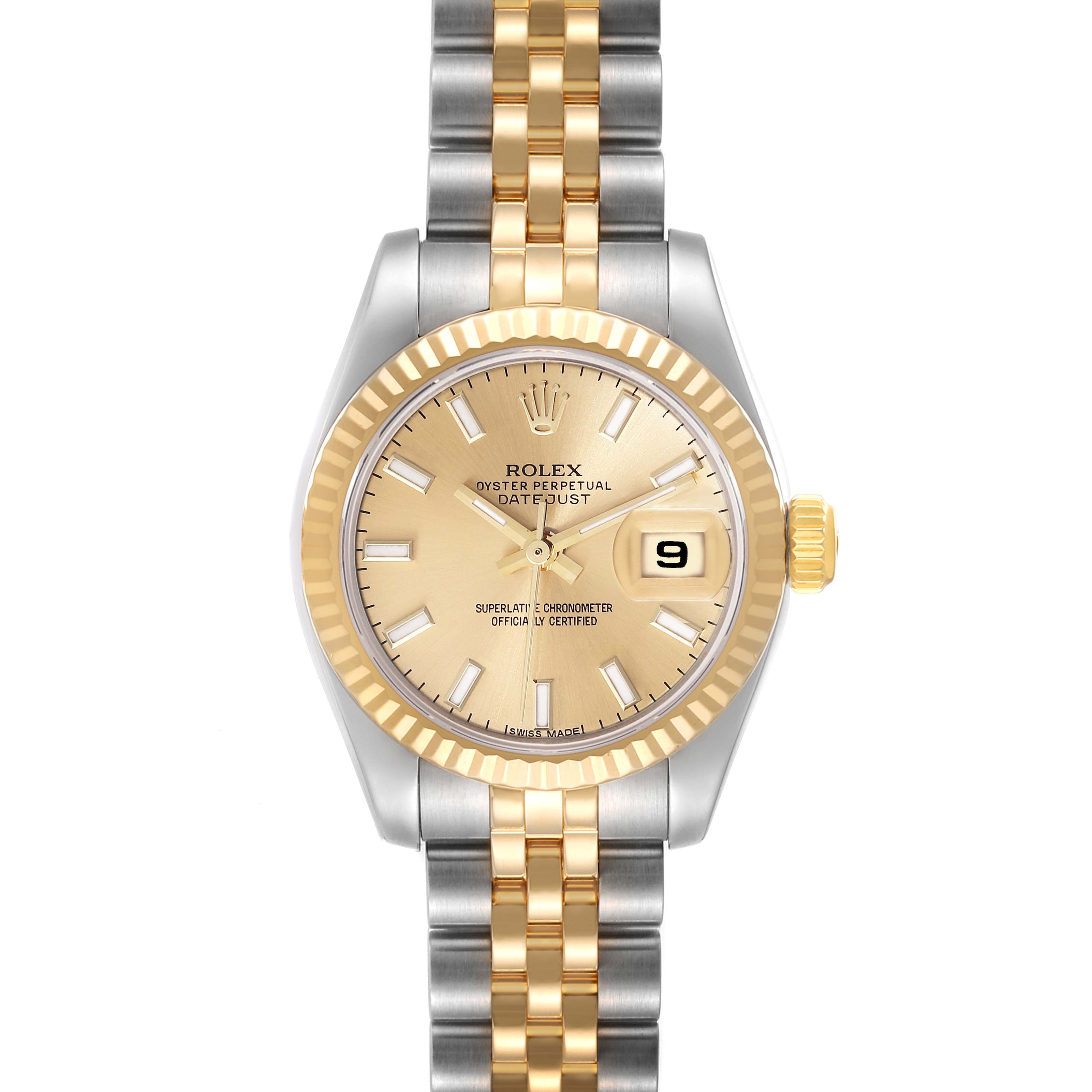 This is a head-on view of a Rolex Datejust 179173 Women's Steel and Gold (two tone) Champagne Dial 179173 Women's Steel and Gold (two tone) Champagne Dial watch, showing its two-tone bracelet, fluted bezel, and date display.