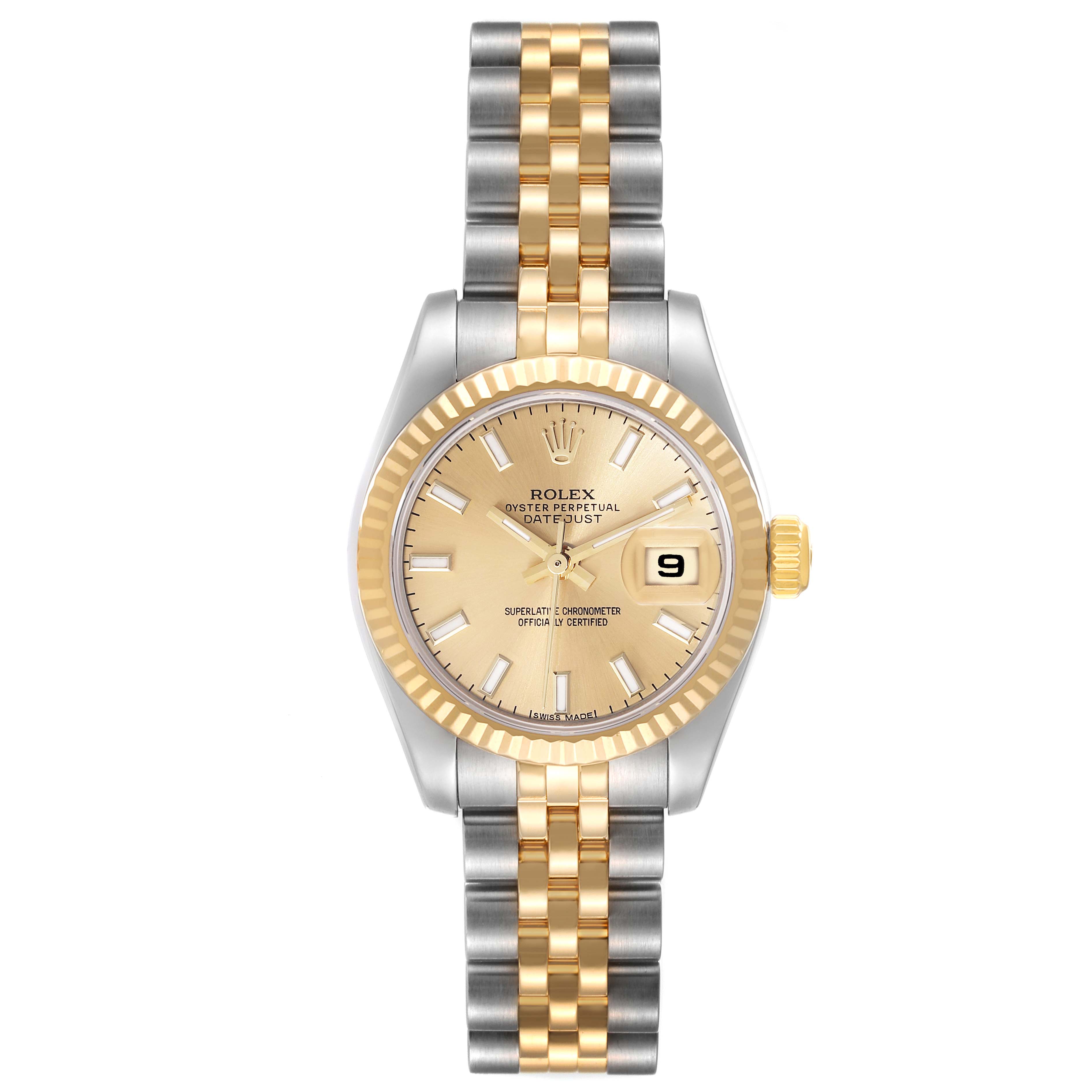 The image shows a front view of a Rolex Datejust 179173 Women's Steel and Gold (two tone) Champagne Dial 179173 Women's Steel and Gold (two tone) Champagne Dial watch, displaying the dial, bezel, crown, and two-tone bracelet.