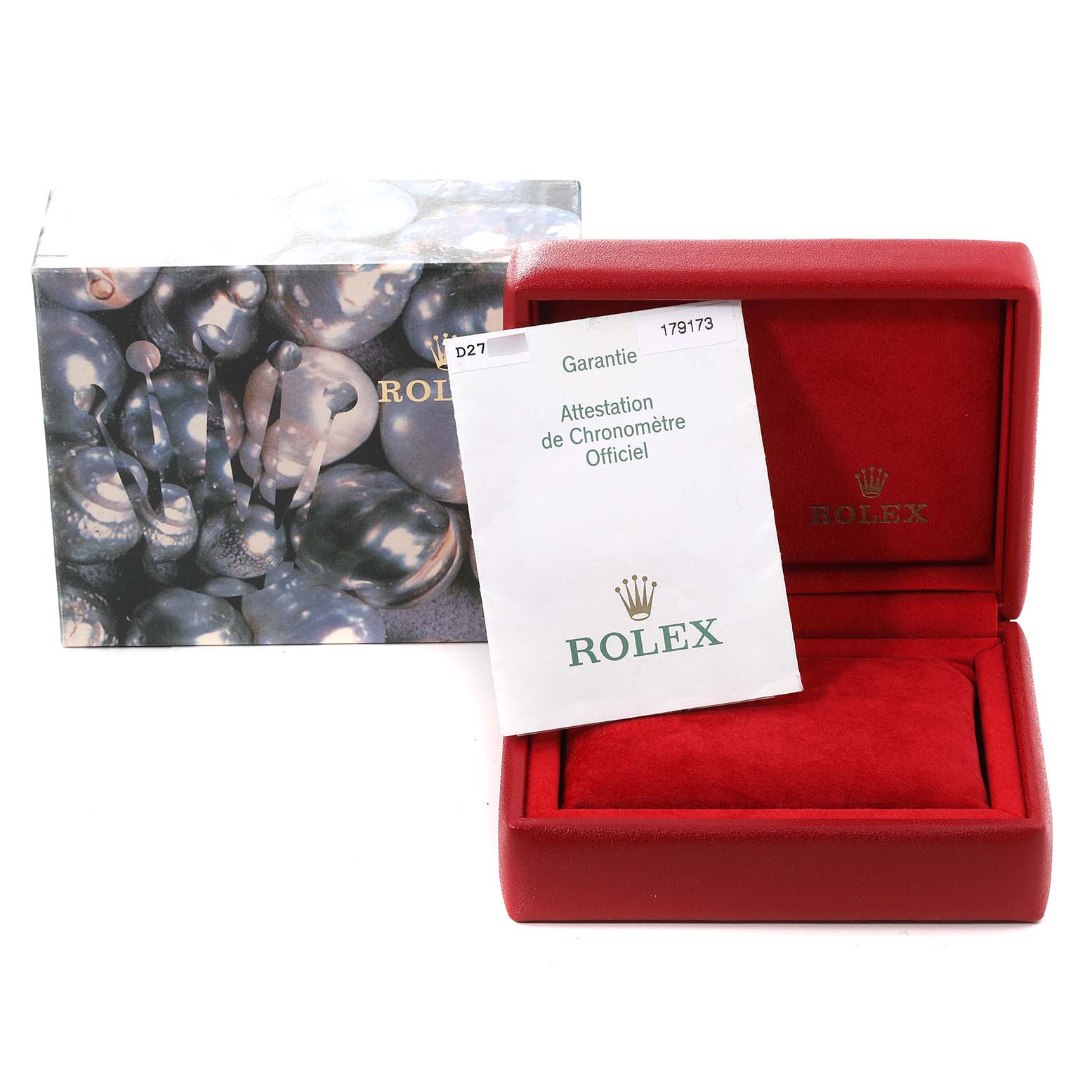 The image shows packaging contents for a Rolex Datejust 179173 Women's Steel and Gold (two tone) Champagne Dial 179173 Women's Steel and Gold (two tone) Champagne Dial watch, including a box, a certificate, and a red watch case.