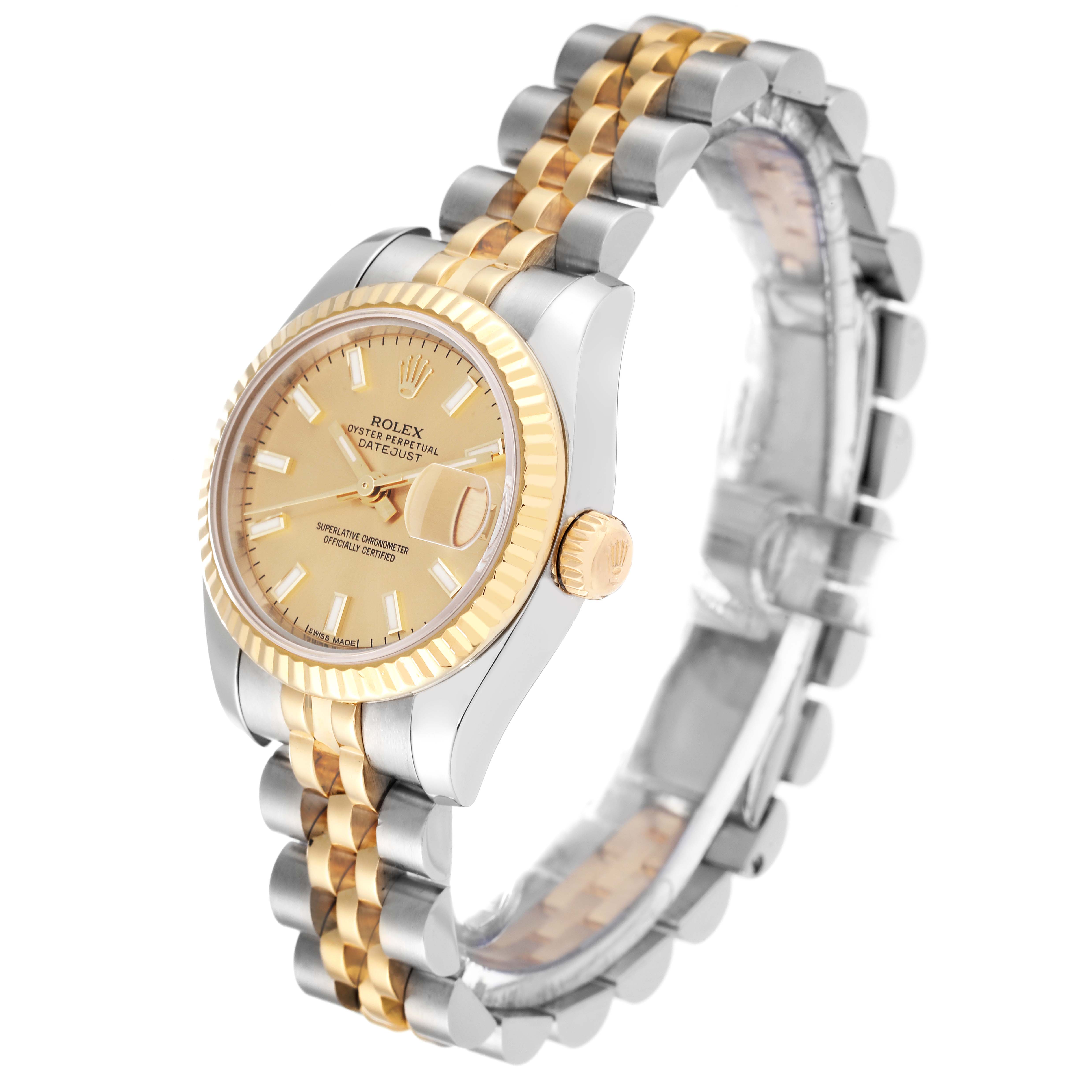 The Rolex Datejust 179173 Women's Steel and Gold (two tone) Champagne Dial 179173 Women's Steel and Gold (two tone) Champagne Dial watch is shown at a three-quarter angle, highlighting its face, bezel, crown, and two-tone bracelet.