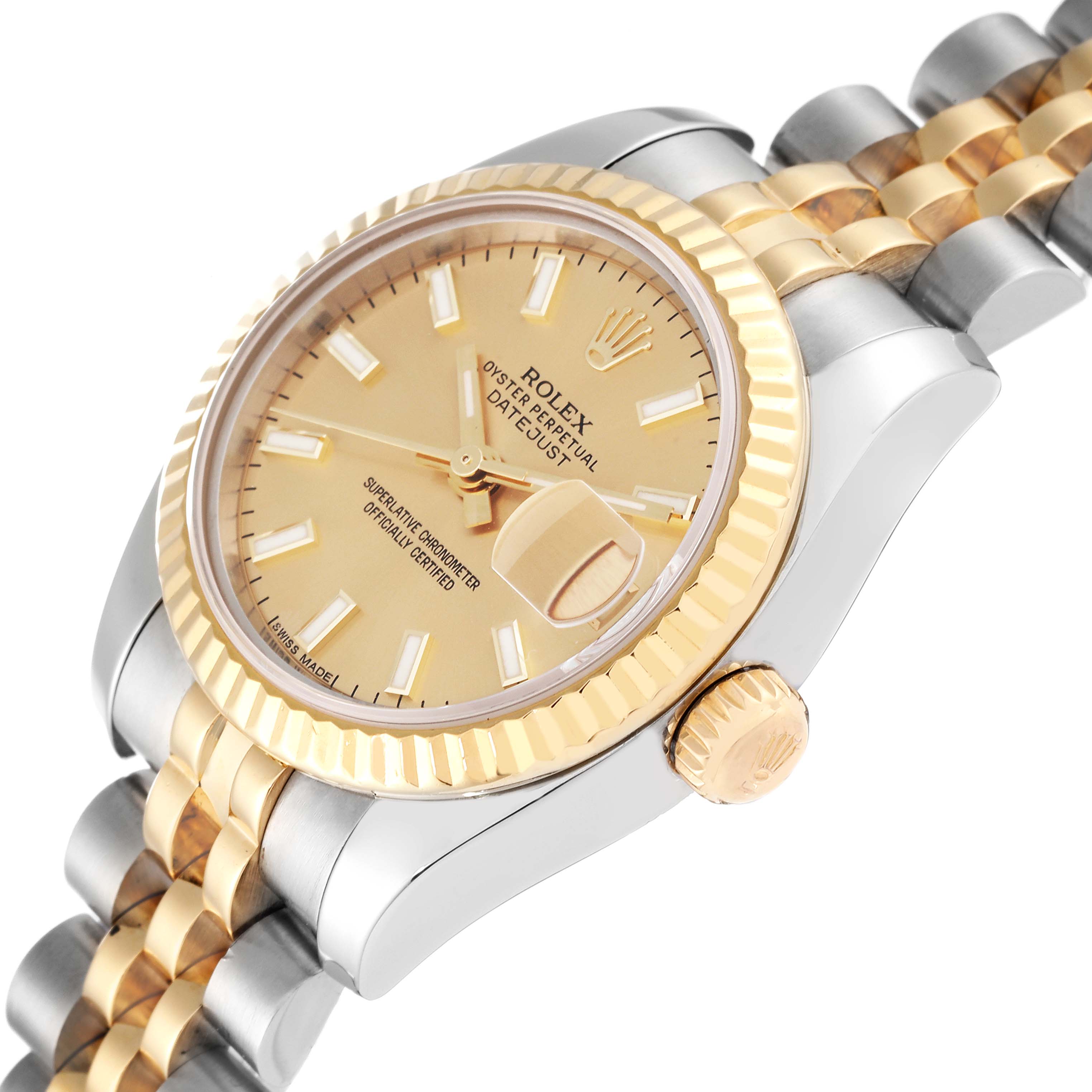 This image shows a close-up, angled view of a Rolex Datejust 179173 Women's Steel and Gold (two tone) Champagne Dial 179173 Women's Steel and Gold (two tone) Champagne Dial watch, highlighting the dial, bezel, crown, and part of the bracelet.