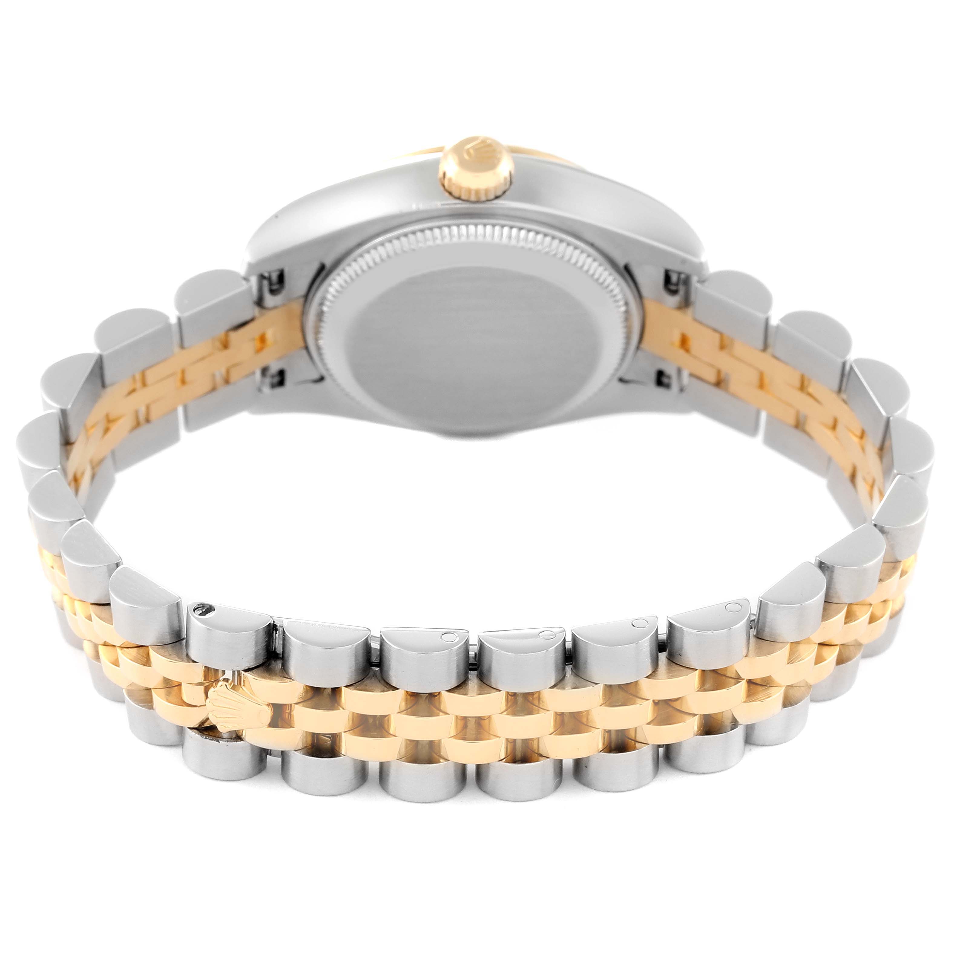 This image shows the back of the case and the two-tone bracelet of a Rolex Datejust 179173 Women's Steel and Gold (two tone) Champagne Dial 179173 Women's Steel and Gold (two tone) Champagne Dial watch.