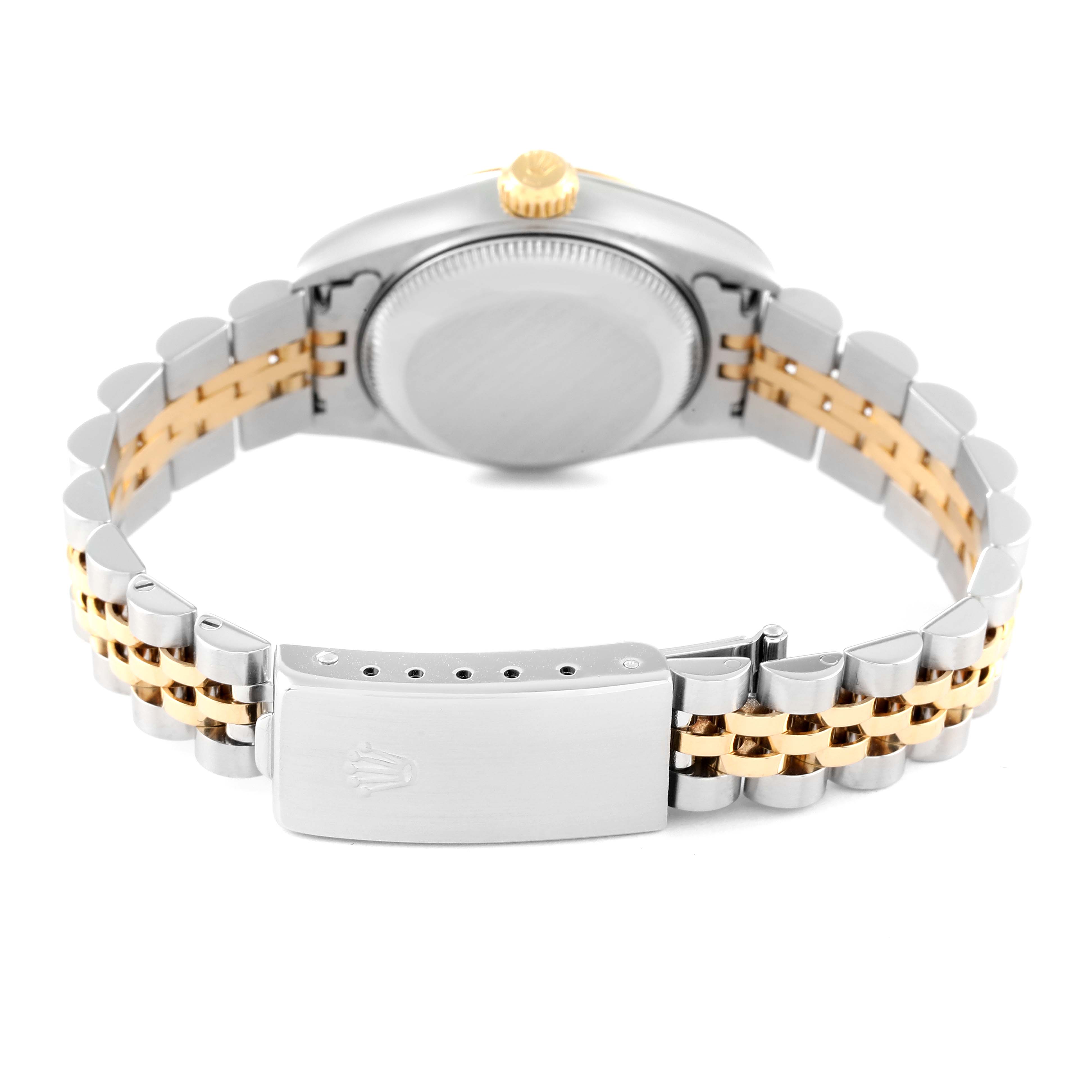 The image shows the back of a Rolex Datejust 79173 Women's Steel and Gold (two tone) Mother of Pearl Dial 79173 Women's Steel and Gold (two tone) Mother of Pearl Dial watch highlighting the case back and the bracelet with a clasp.