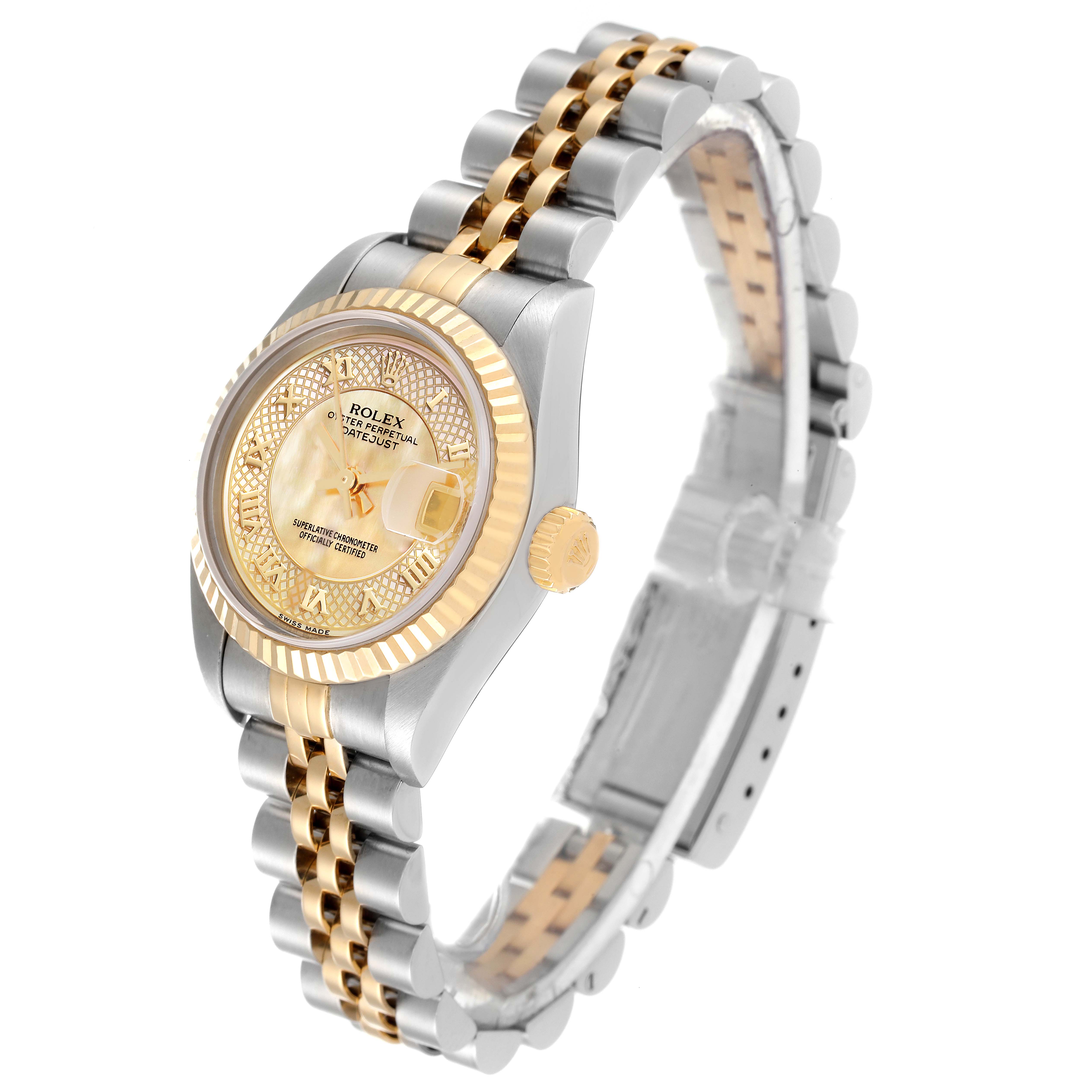 The Rolex Datejust 79173 Women's Steel and Gold (two tone) Mother of Pearl Dial 79173 Women's Steel and Gold (two tone) Mother of Pearl Dial watch is shown at a slight angle, displaying the face, crown, and two-tone bracelet.