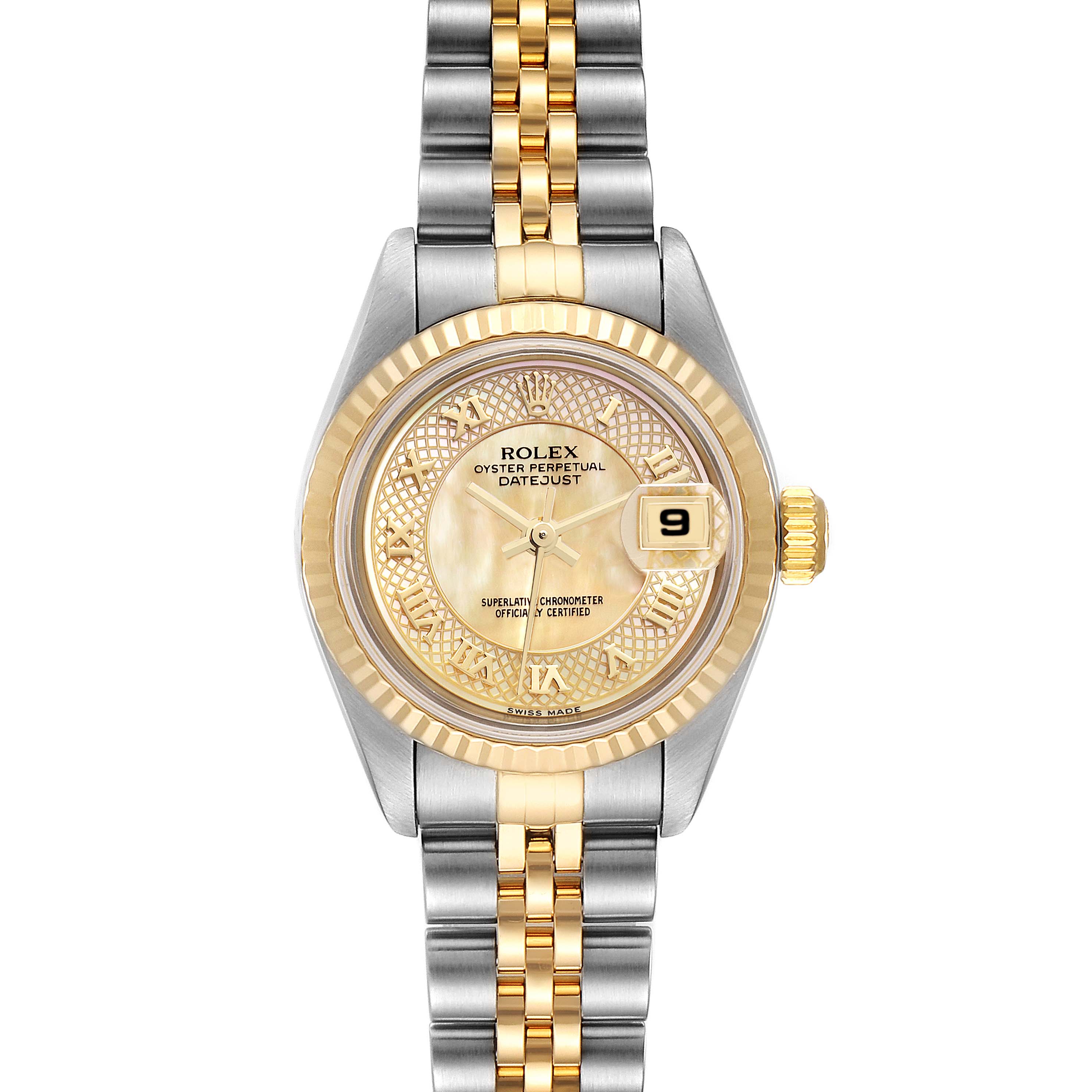 The image shows a front view of a Rolex Datejust 79173 Women's Steel and Gold (two tone) Mother of Pearl Dial 79173 Women's Steel and Gold (two tone) Mother of Pearl Dial watch with a gold and silver bracelet, gold bezel, and a date display at 3 o'clock.