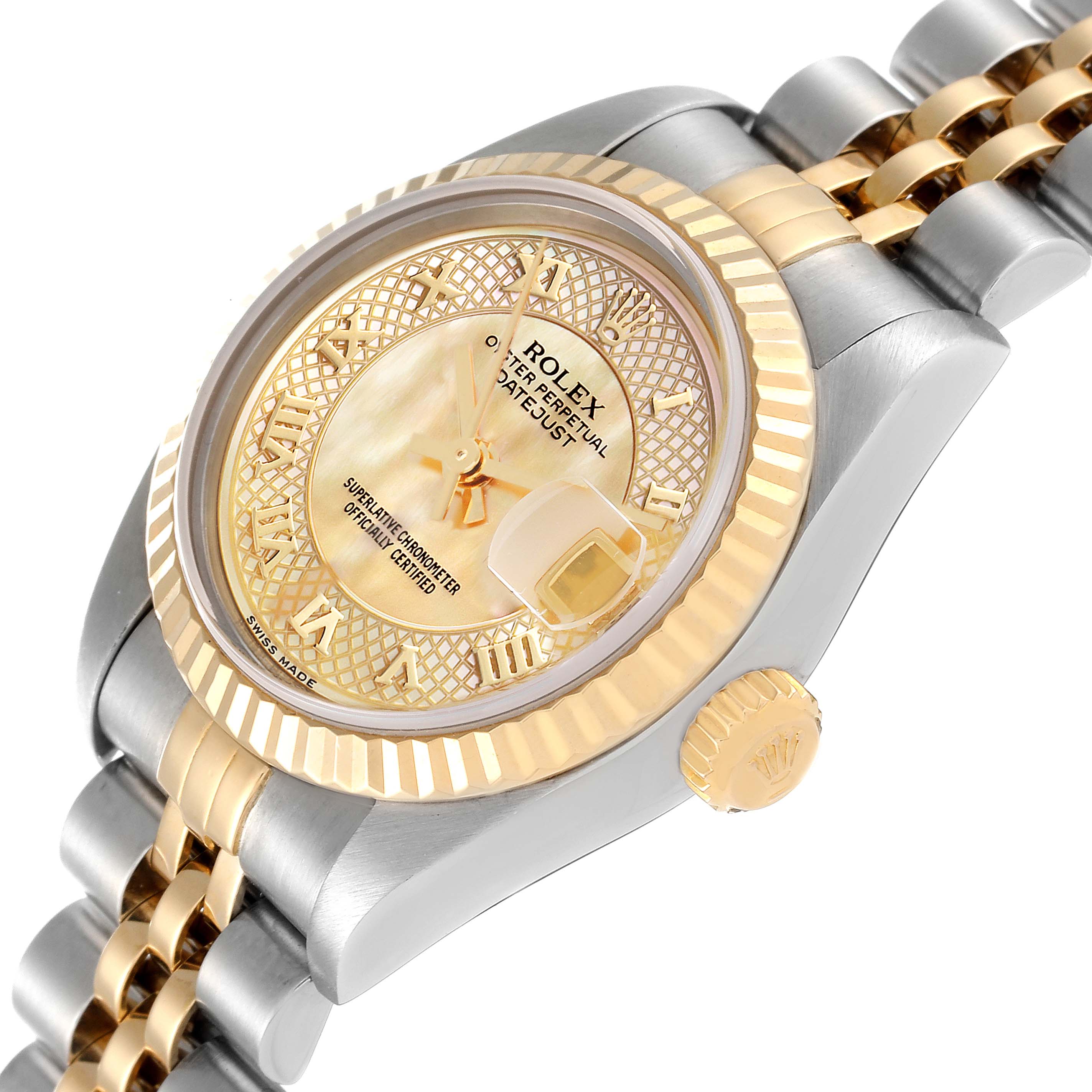The image shows a close-up angled view of a Rolex Datejust 79173 Women's Steel and Gold (two tone) Mother of Pearl Dial 79173 Women's Steel and Gold (two tone) Mother of Pearl Dial watch, highlighting the dial, bezel, crown, and part of the bracelet.