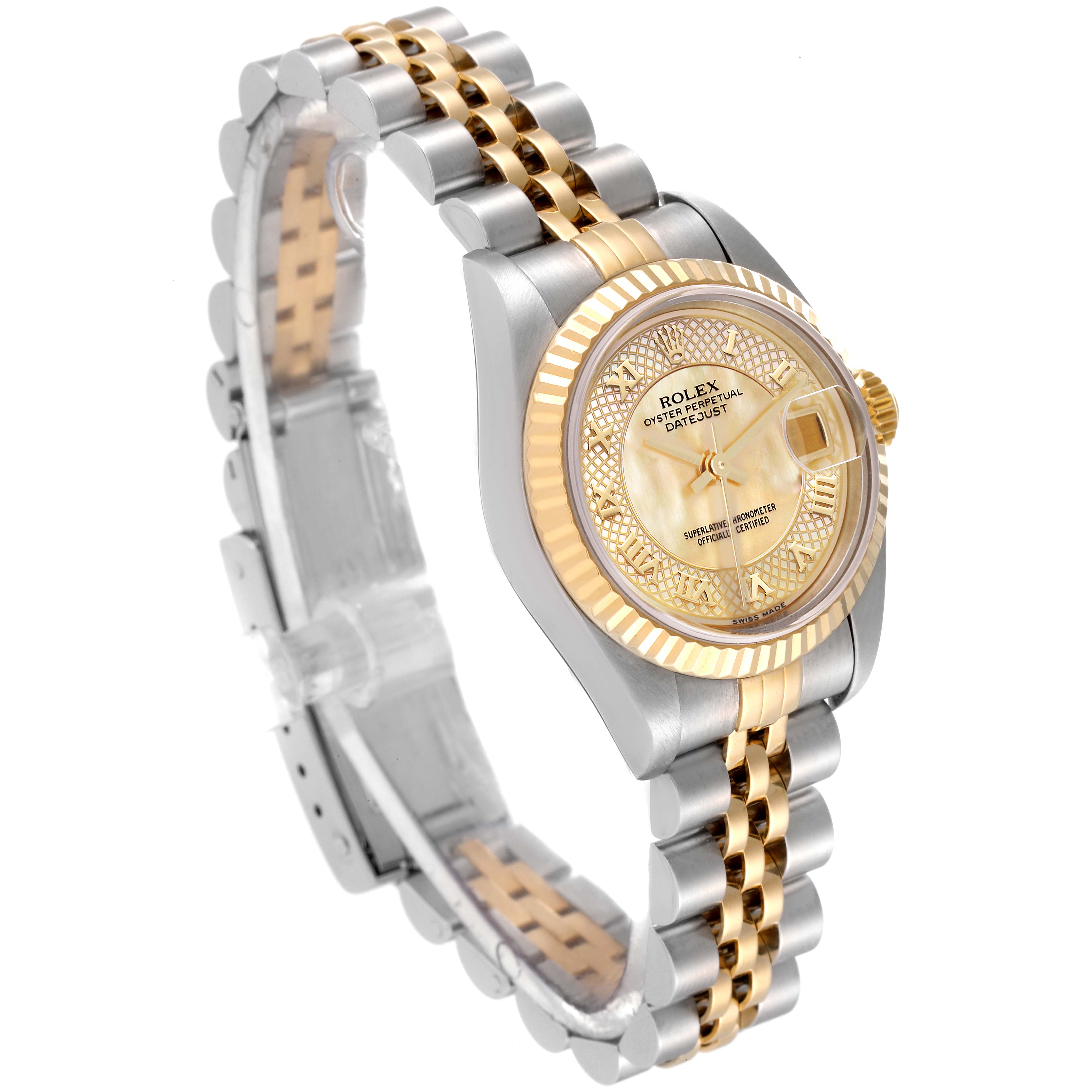 This Rolex Datejust 79173 Women's Steel and Gold (two tone) Mother of Pearl Dial 79173 Women's Steel and Gold (two tone) Mother of Pearl Dial watch is shown at an angled side view, highlighting its gold dial, two-tone bracelet, and fluted bezel.