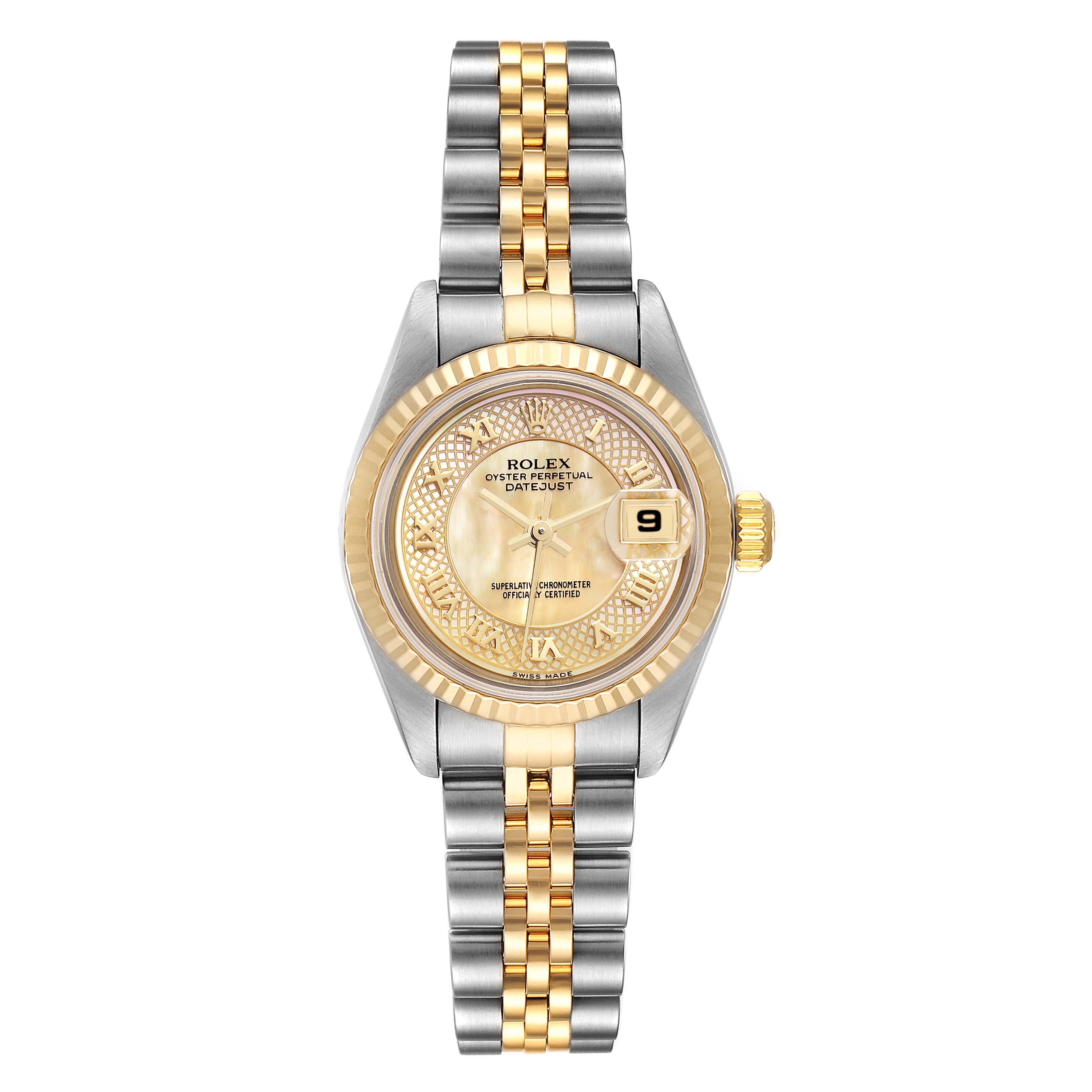 This image shows the Rolex Datejust 79173 Women's Steel and Gold (two tone) Mother of Pearl Dial 79173 Women's Steel and Gold (two tone) Mother of Pearl Dial watch from a top-down angle, highlighting its dial, bezel, and two-tone bracelet.