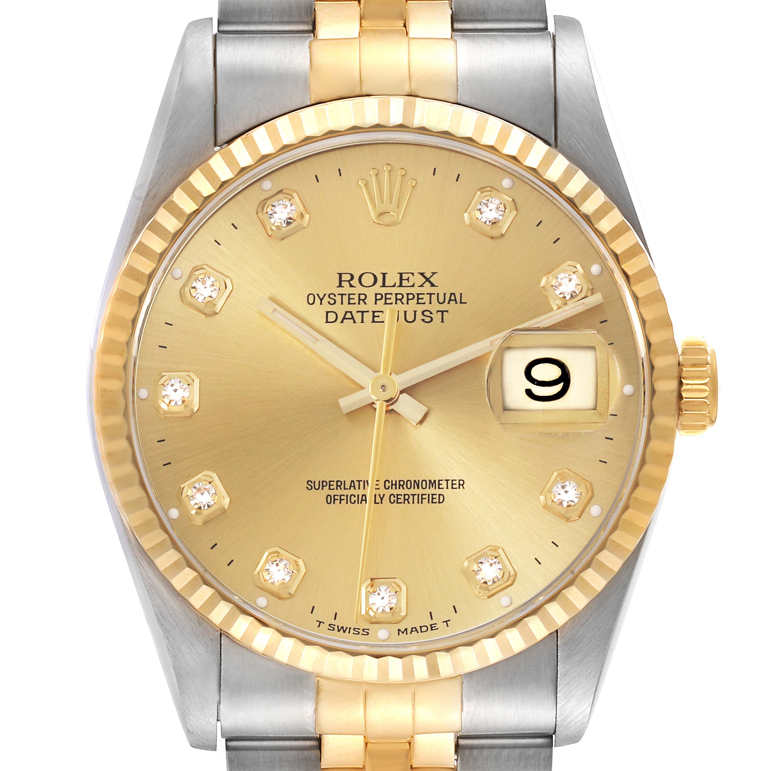 The image shows a front view of a Rolex Datejust 16233 Men's Steel and Gold (two tone) Champagne Dial 16233 Men's Steel and Gold (two tone) Champagne Dial watch, displaying the dial, fluted bezel, and part of the bracelet.