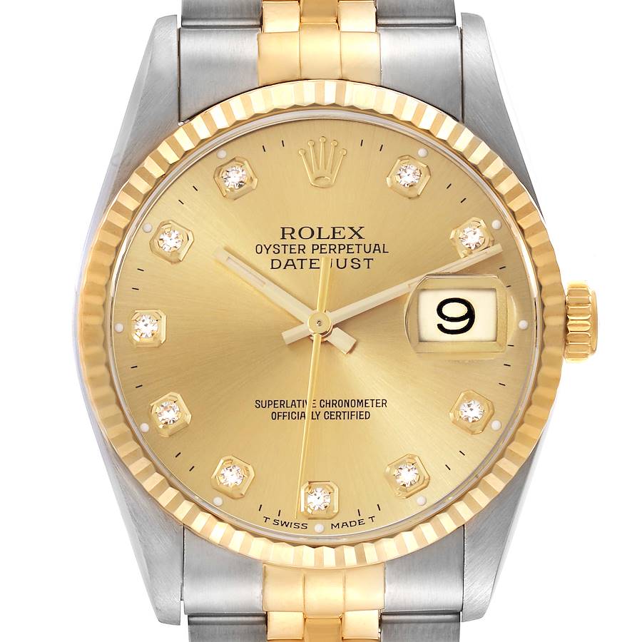 The image shows a front view of a Rolex Datejust watch, displaying the dial, fluted bezel, and part of the bracelet.