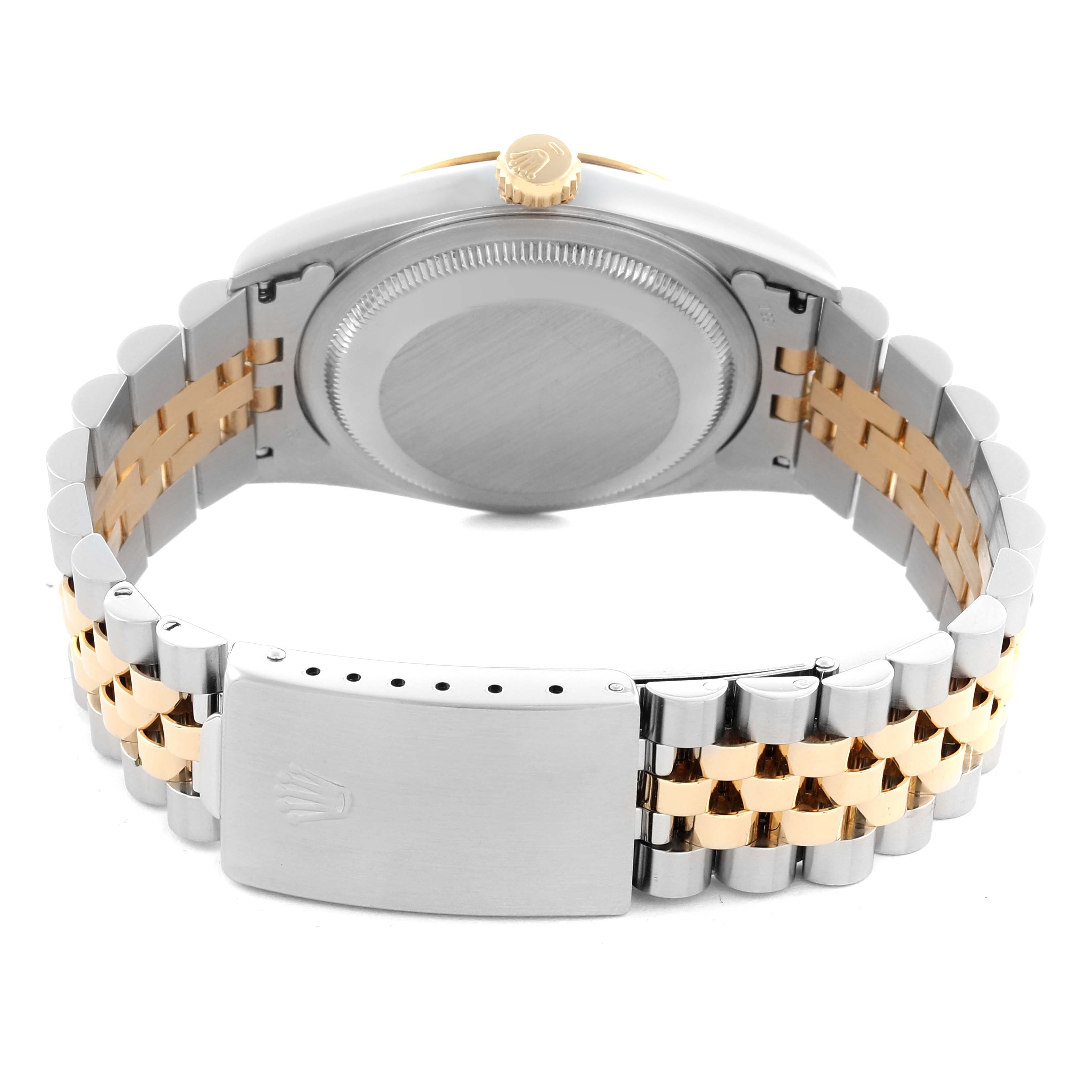 The image shows the back and clasp of a Rolex Datejust 16233 Men's Steel and Gold (two tone) Champagne Dial 16233 Men's Steel and Gold (two tone) Champagne Dial, highlighting the two-tone bracelet and crown.