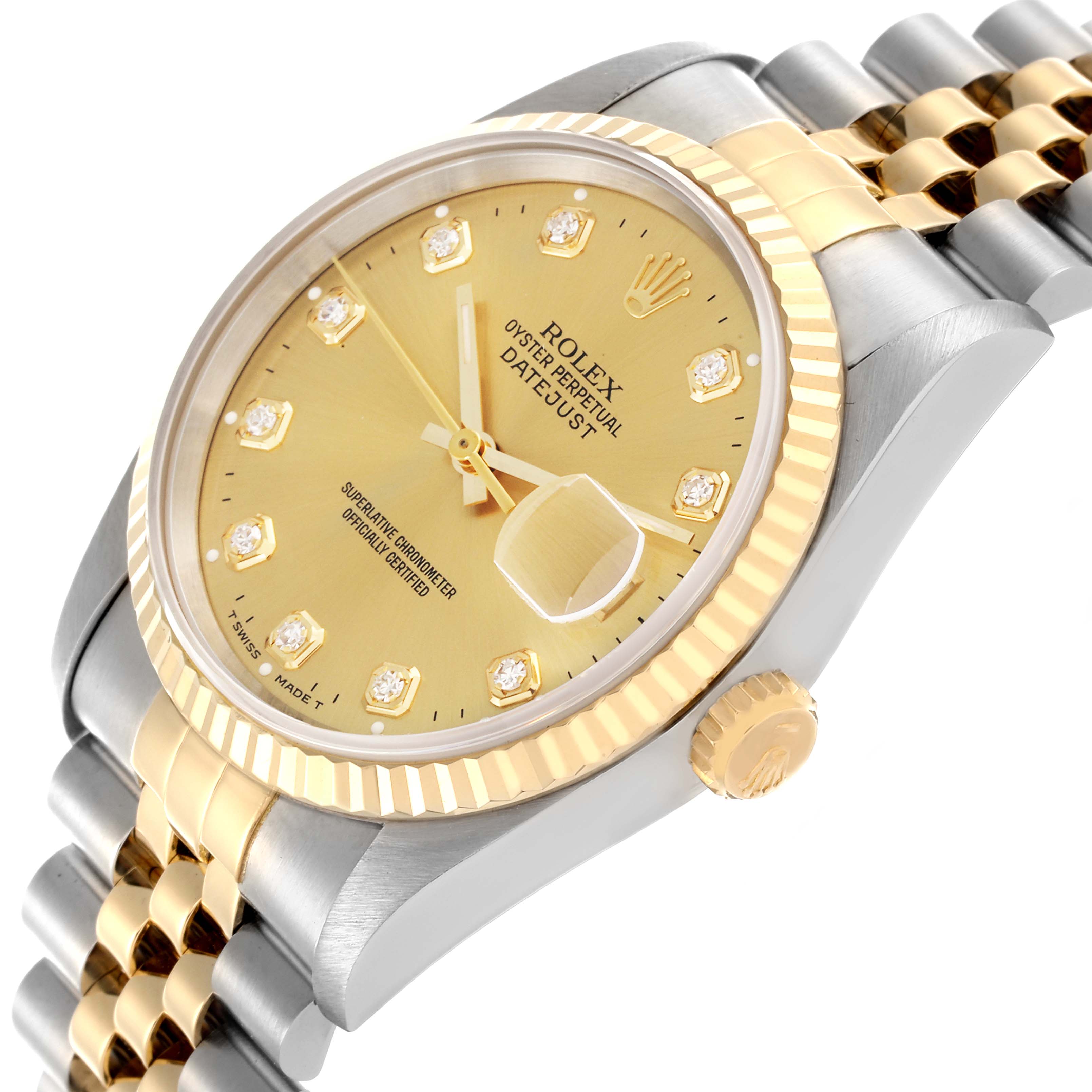The Rolex Datejust 16233 Men's Steel and Gold (two tone) Champagne Dial 16233 Men's Steel and Gold (two tone) Champagne Dial watch is shown from a low angle, highlighting the dial, fluted bezel, crown, and part of the bracelet.