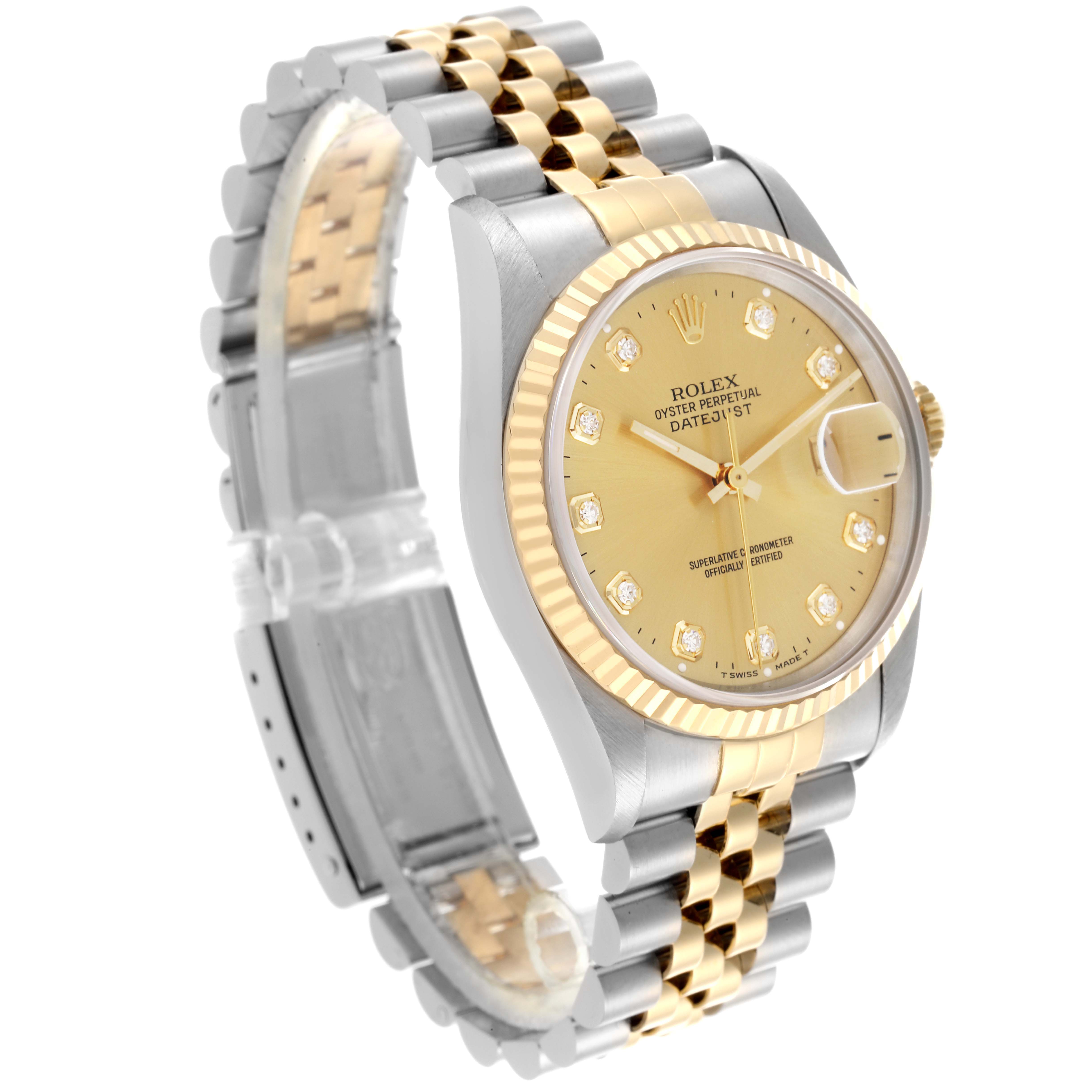 The Rolex Datejust 16233 Men's Steel and Gold (two tone) Champagne Dial 16233 Men's Steel and Gold (two tone) Champagne Dial watch is shown at a slight angle, highlighting the bezel, dial, and bracelet.