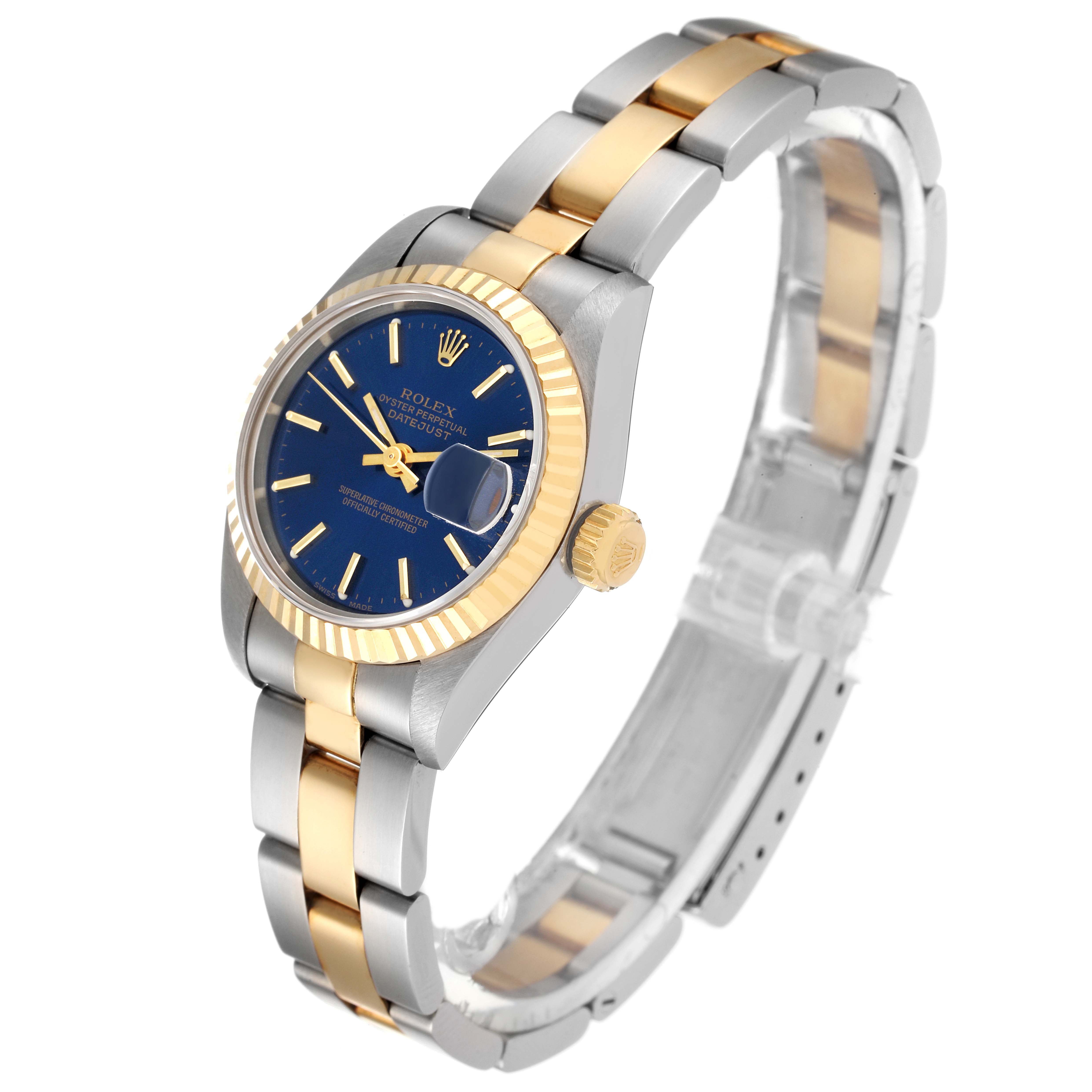 The image shows a Rolex Datejust 69173 Women's Steel and Gold (two tone) Blue Dial 69173 Women's Steel and Gold (two tone) Blue Dial watch at a slight angle, highlighting the dial, case, crown, and bracelet.