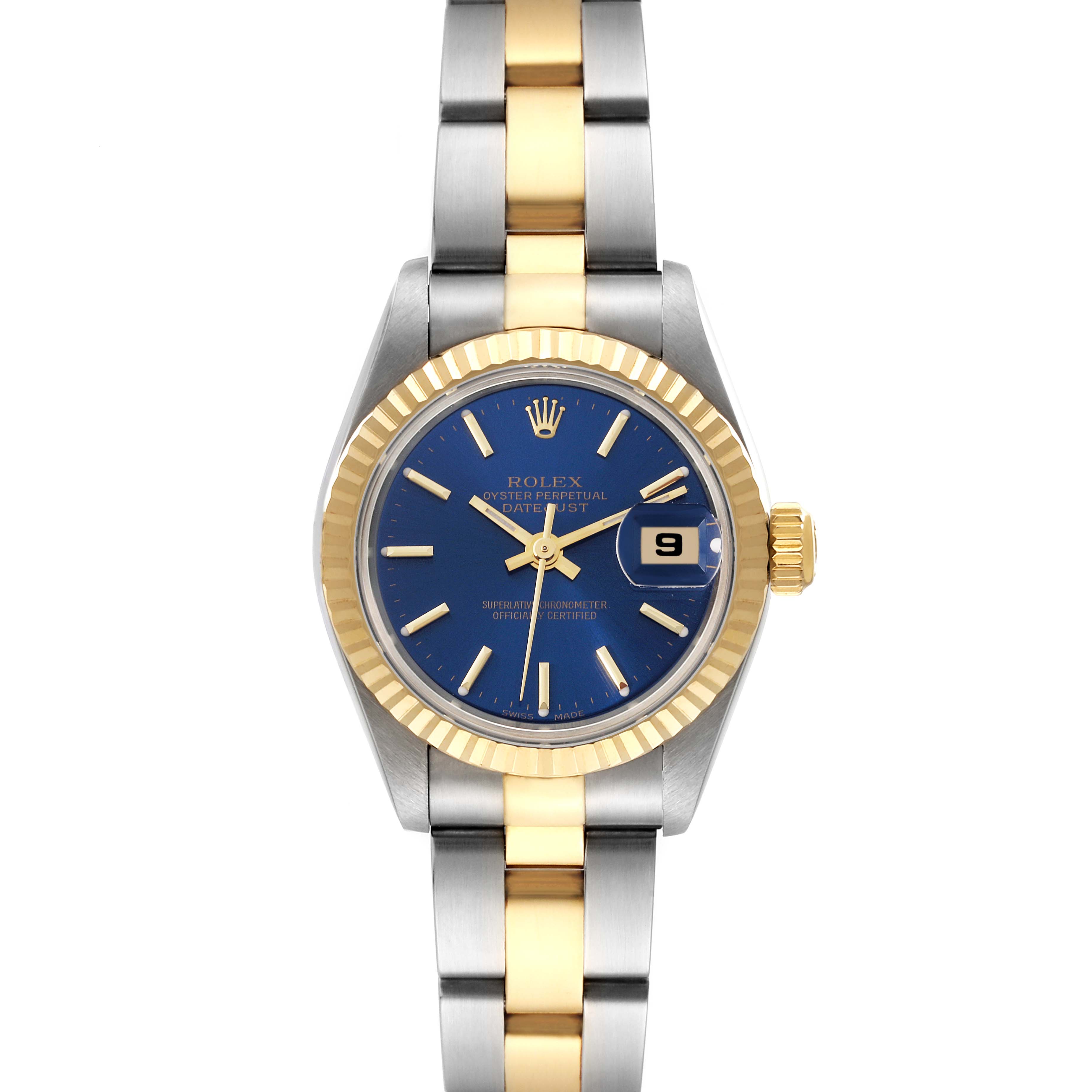 The Rolex Datejust 69173 Women's Steel and Gold (two tone) Blue Dial 69173 Women's Steel and Gold (two tone) Blue Dial watch is shown from a straight-on angle, displaying its blue dial, gold bezel, and two-tone bracelet.