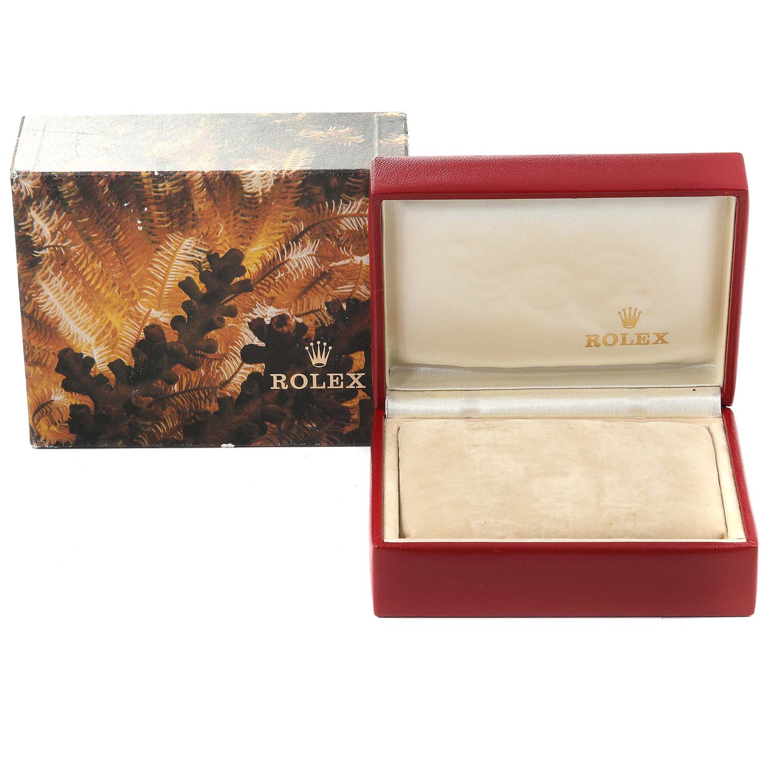 The image shows an empty Rolex Datejust 69173 Women's Steel and Gold (two tone) Blue Dial 69173 Women's Steel and Gold (two tone) Blue Dial watch box and its outer packaging.