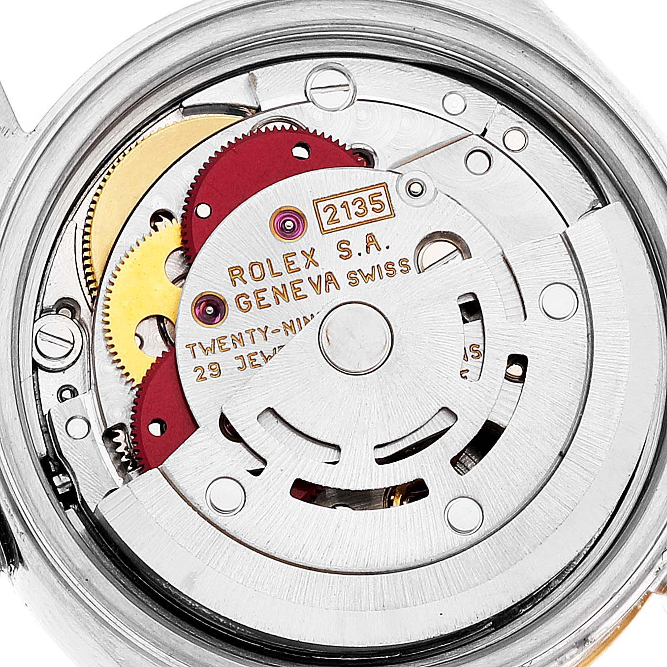 This image shows the internal mechanical movement of a Rolex Datejust 69173 Women's Steel and Gold (two tone) Blue Dial 69173 Women's Steel and Gold (two tone) Blue Dial watch, highlighting the parts and gears.