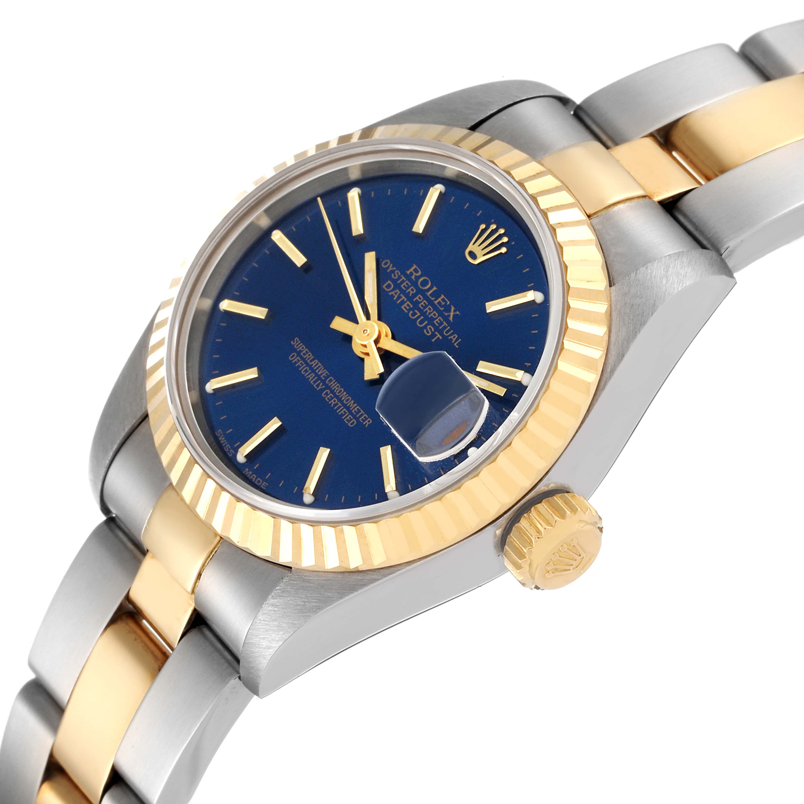 The image shows the Rolex Datejust 69173 Women's Steel and Gold (two tone) Blue Dial 69173 Women's Steel and Gold (two tone) Blue Dial watch at an angle highlighting the blue dial, gold bezel, crown, and two-tone bracelet.