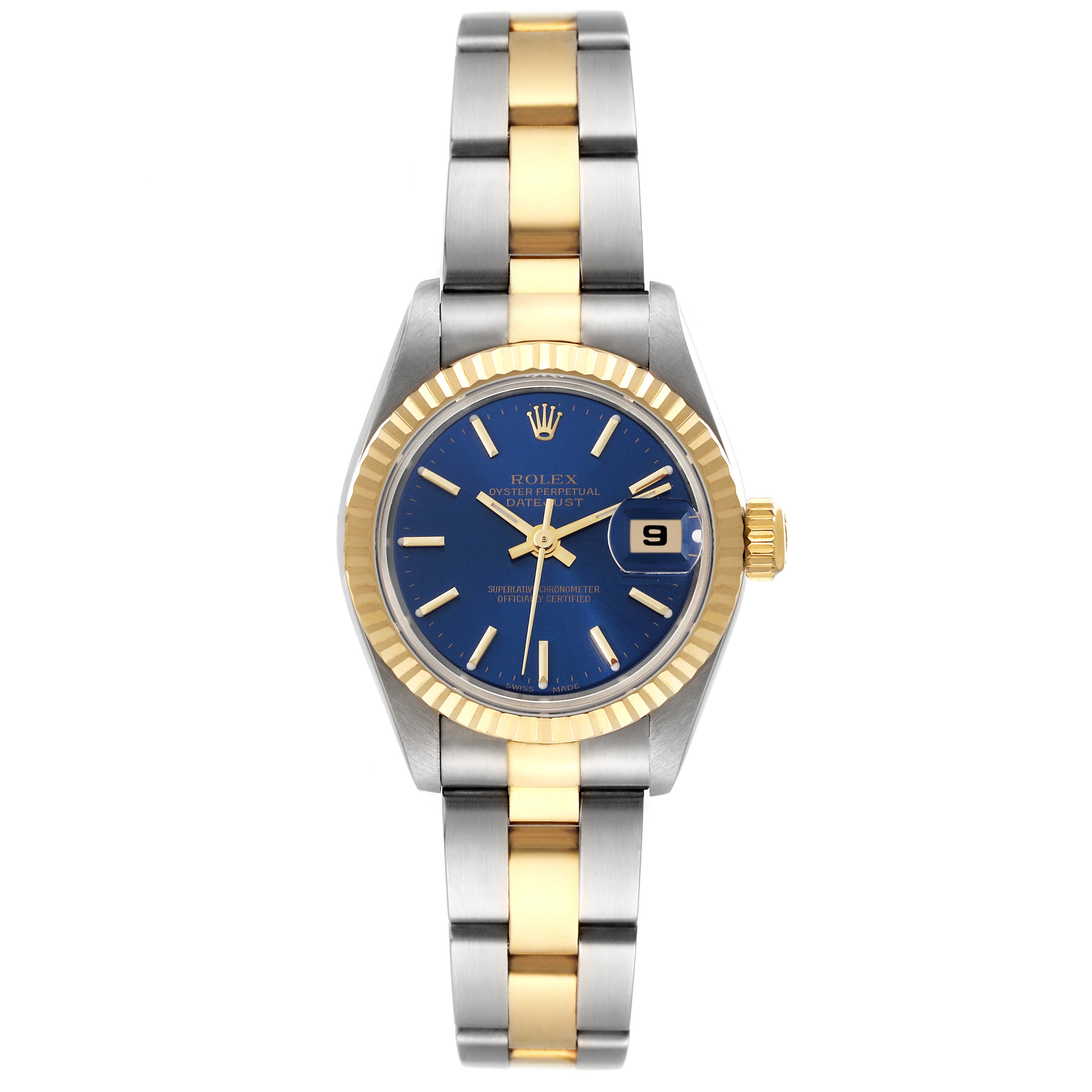 The Rolex Datejust 69173 Women's Steel and Gold (two tone) Blue Dial 69173 Women's Steel and Gold (two tone) Blue Dial watch is shown from a front angle, displaying the face, bezel, case, and bracelet.