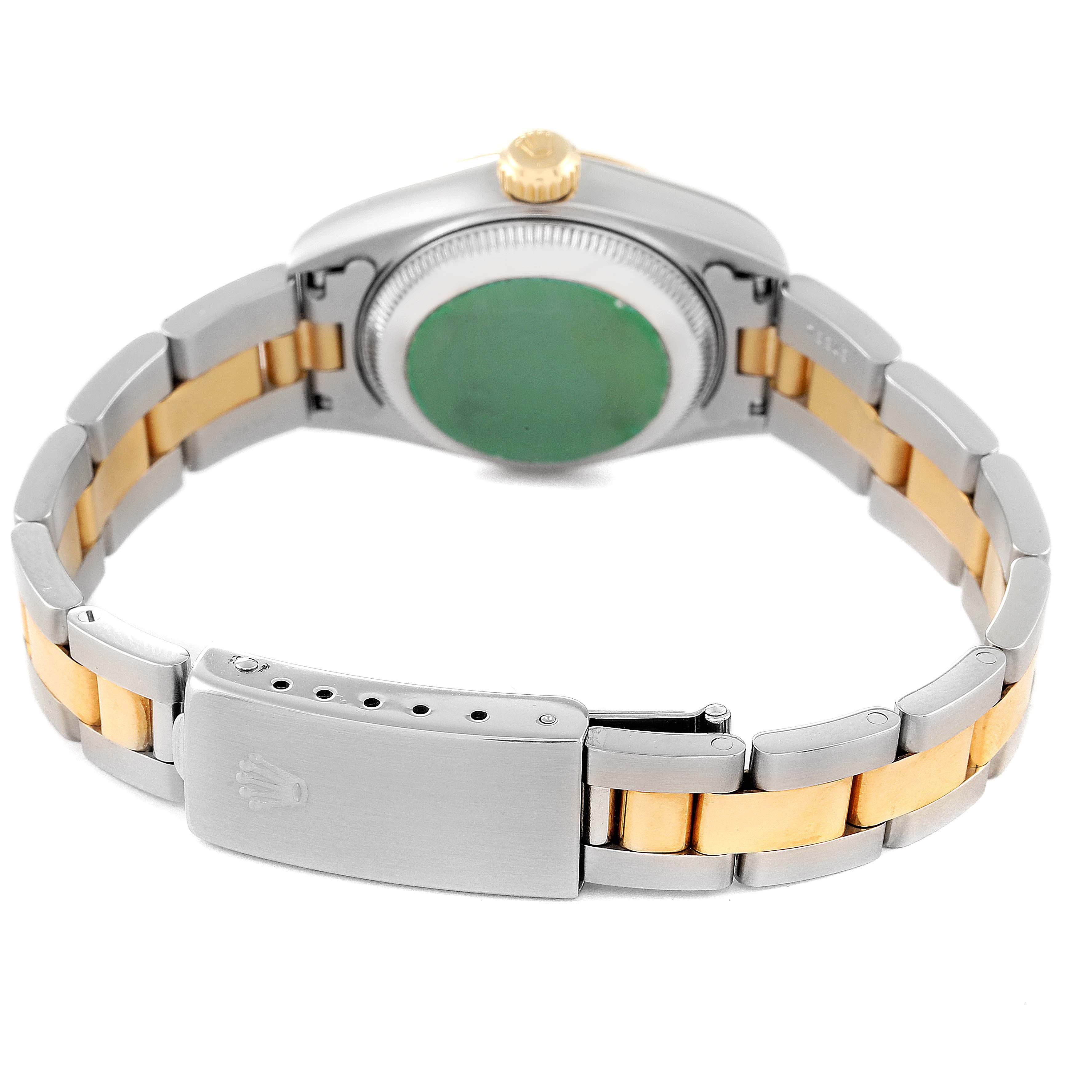 This image shows the back and clasp of a Rolex Datejust 69173 Women's Steel and Gold (two tone) Blue Dial 69173 Women's Steel and Gold (two tone) Blue Dial model watch, highlighting its two-tone bracelet and closed case back.