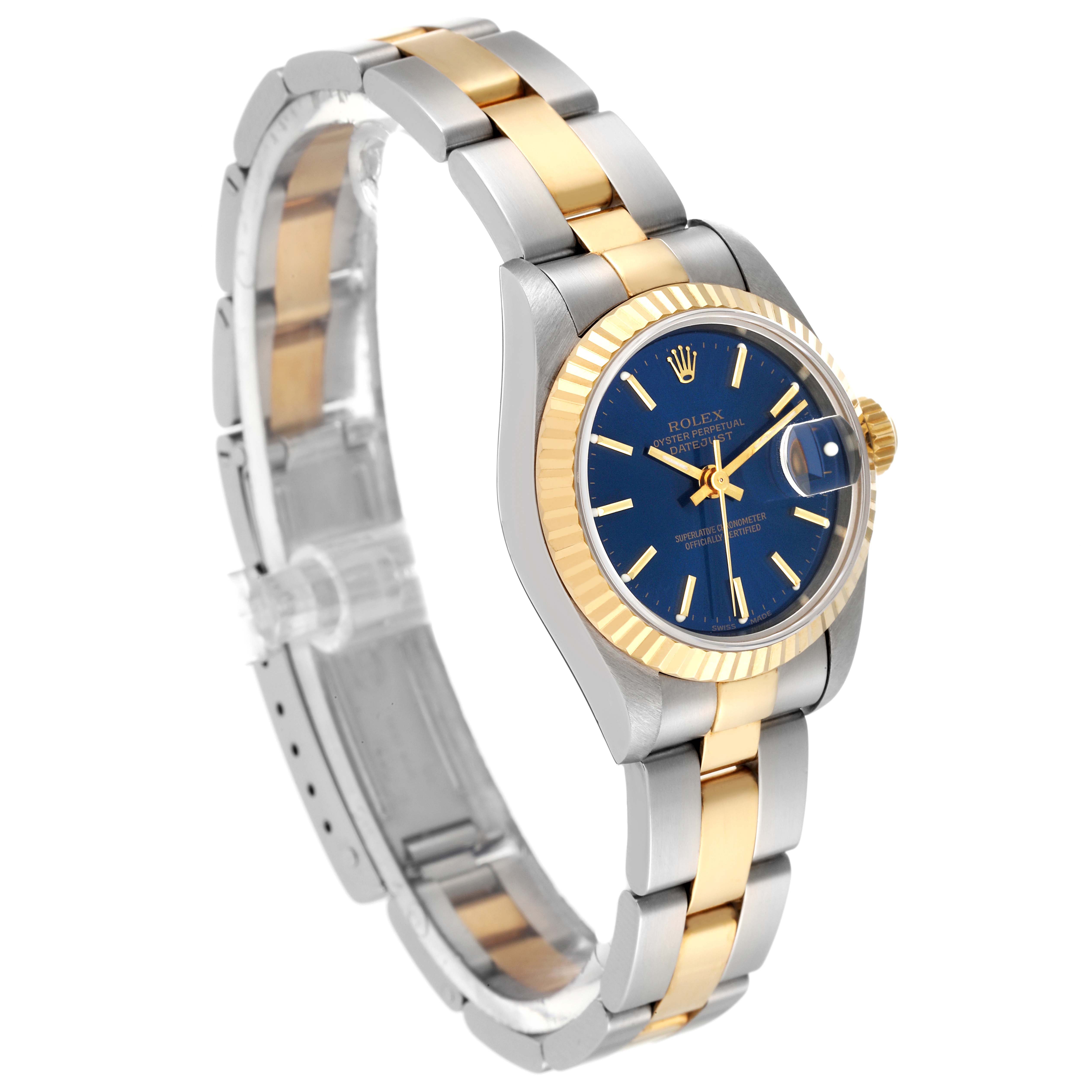 The image shows a side-angle view of a Rolex Datejust 69173 Women's Steel and Gold (two tone) Blue Dial 69173 Women's Steel and Gold (two tone) Blue Dial watch, highlighting the blue dial, fluted bezel, and two-tone bracelet.