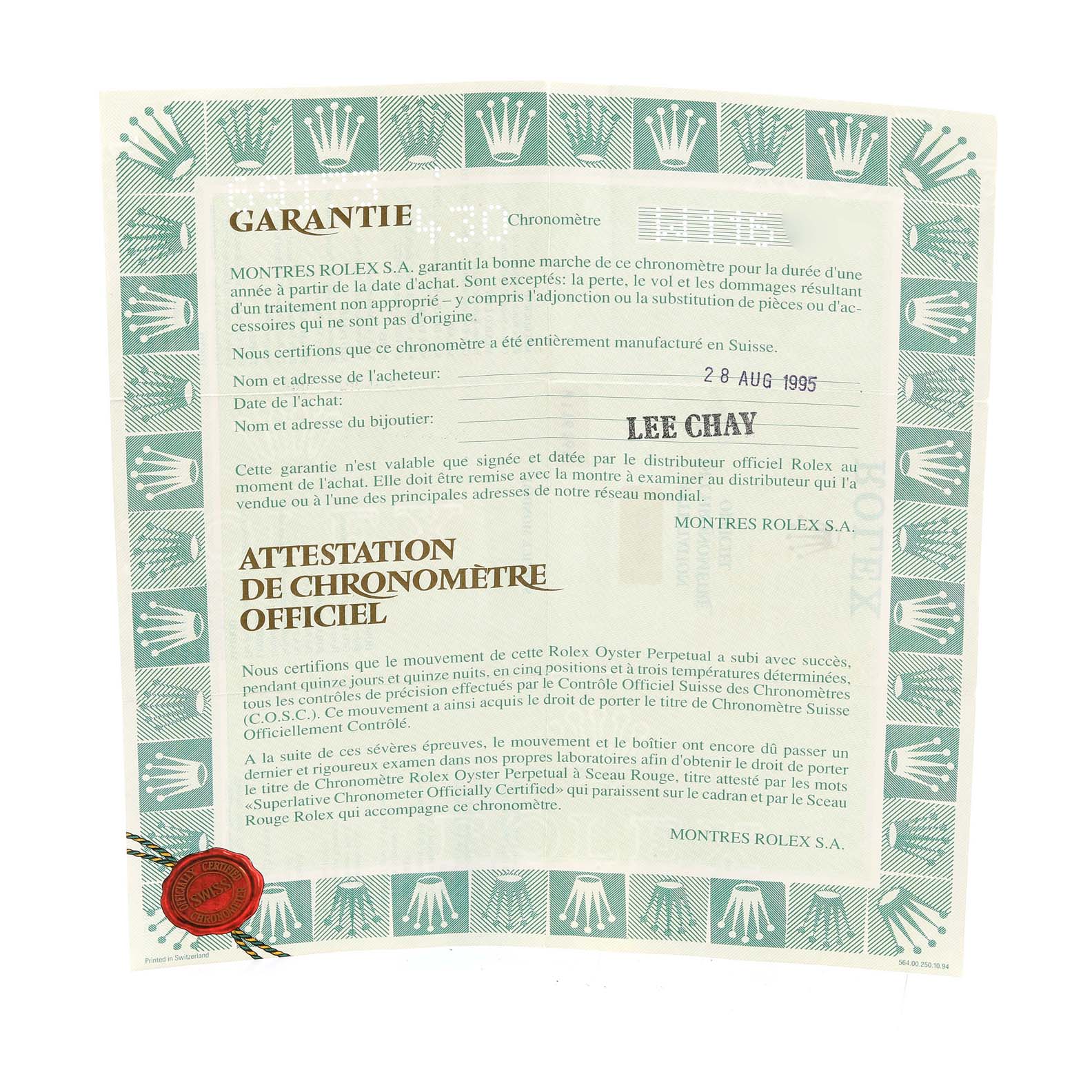 The image shows a warranty and official chronometer certification paper for the Rolex Datejust 69173 Women
s Steel and Gold (two tone) Grey Dial 69173 Women
s Steel and Gold (two tone) Grey Dial model.