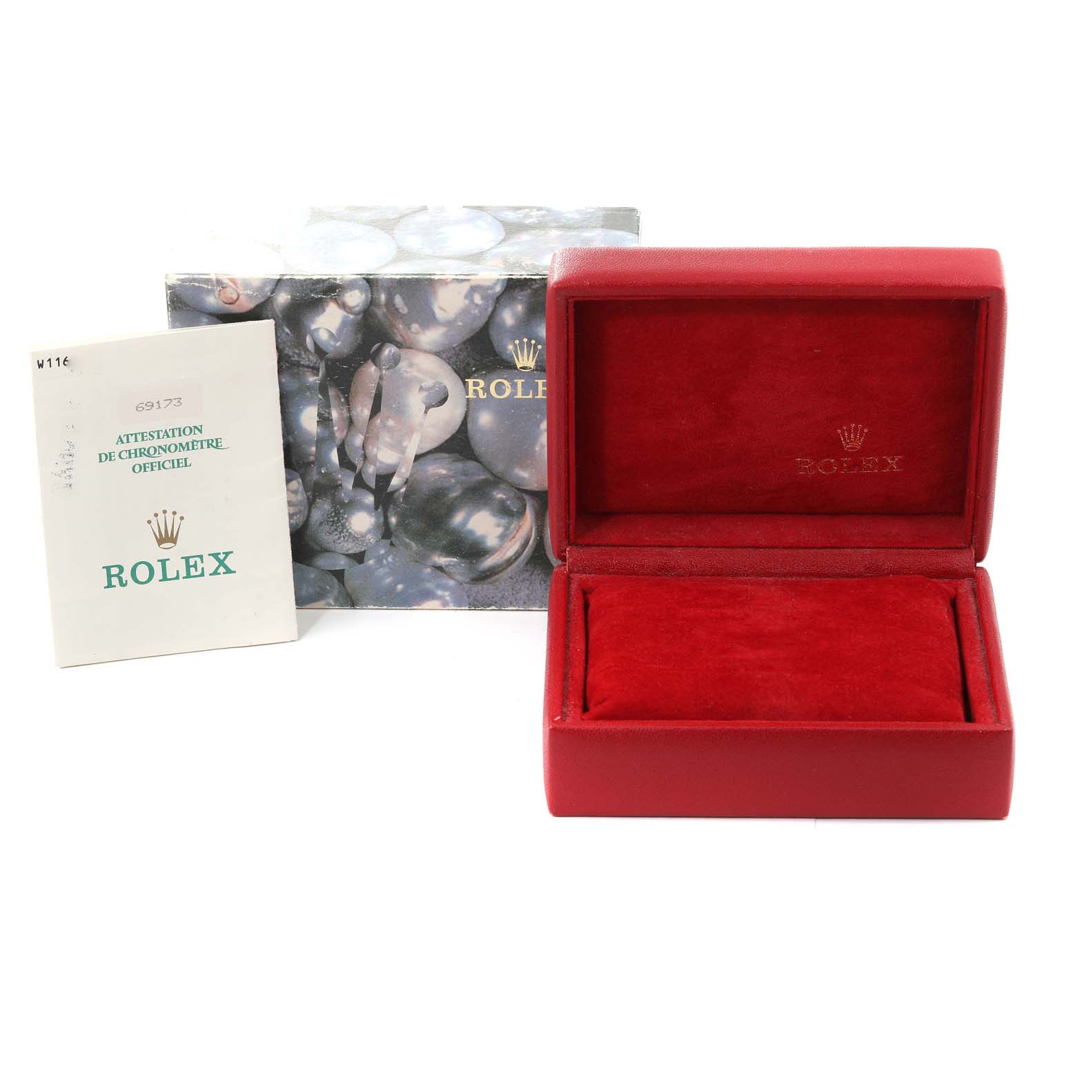The image shows a Rolex Datejust 69173 Women
s Steel and Gold (two tone) Grey Dial 69173 Women
s Steel and Gold (two tone) Grey Dial watch
s red box, official attestation booklet, and decorative outer box.