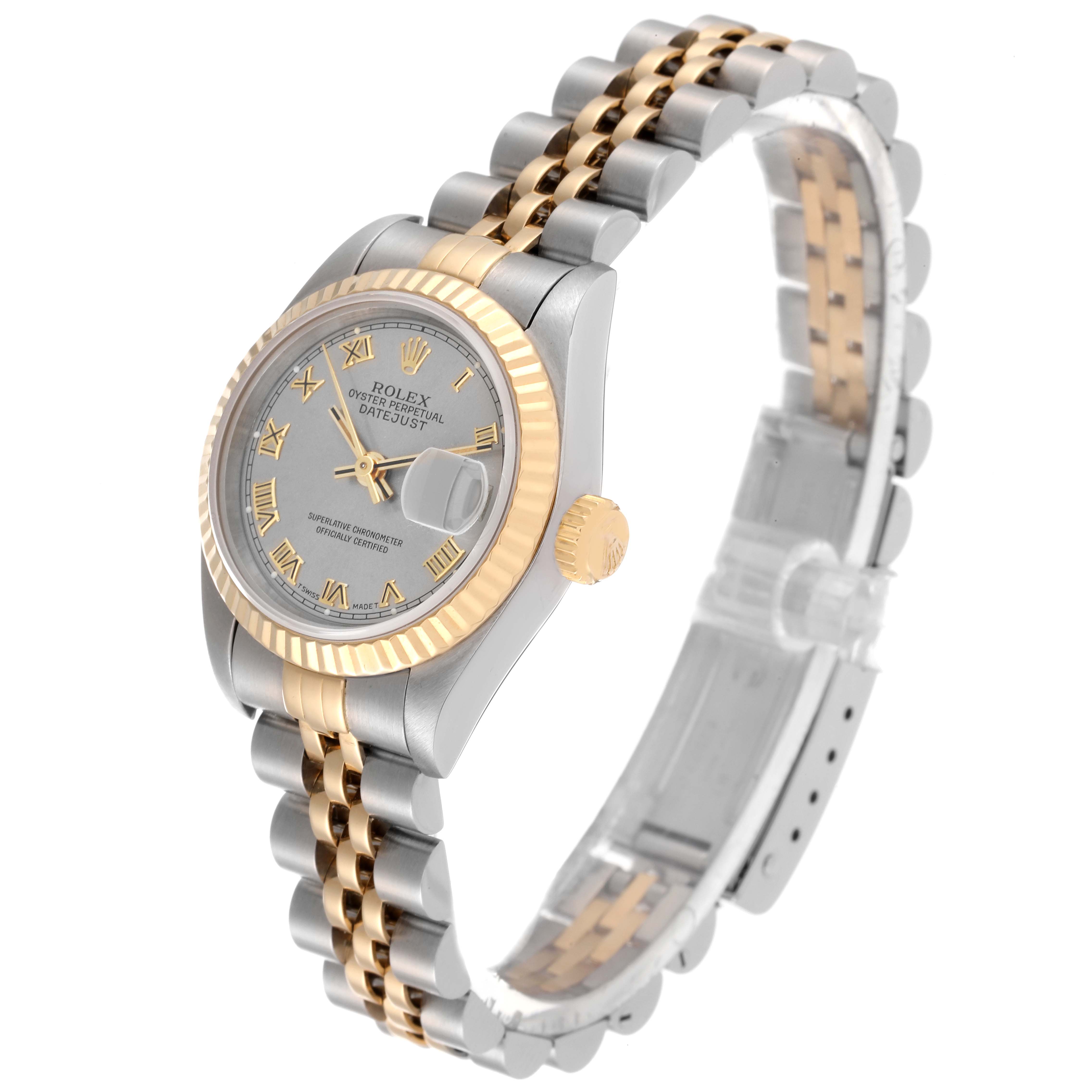 The image shows a side perspective of the Rolex Datejust 69173 Women
s Steel and Gold (two tone) Grey Dial 69173 Women
s Steel and Gold (two tone) Grey Dial watch, highlighting the dial, bezel, crown, and two-tone bracelet.