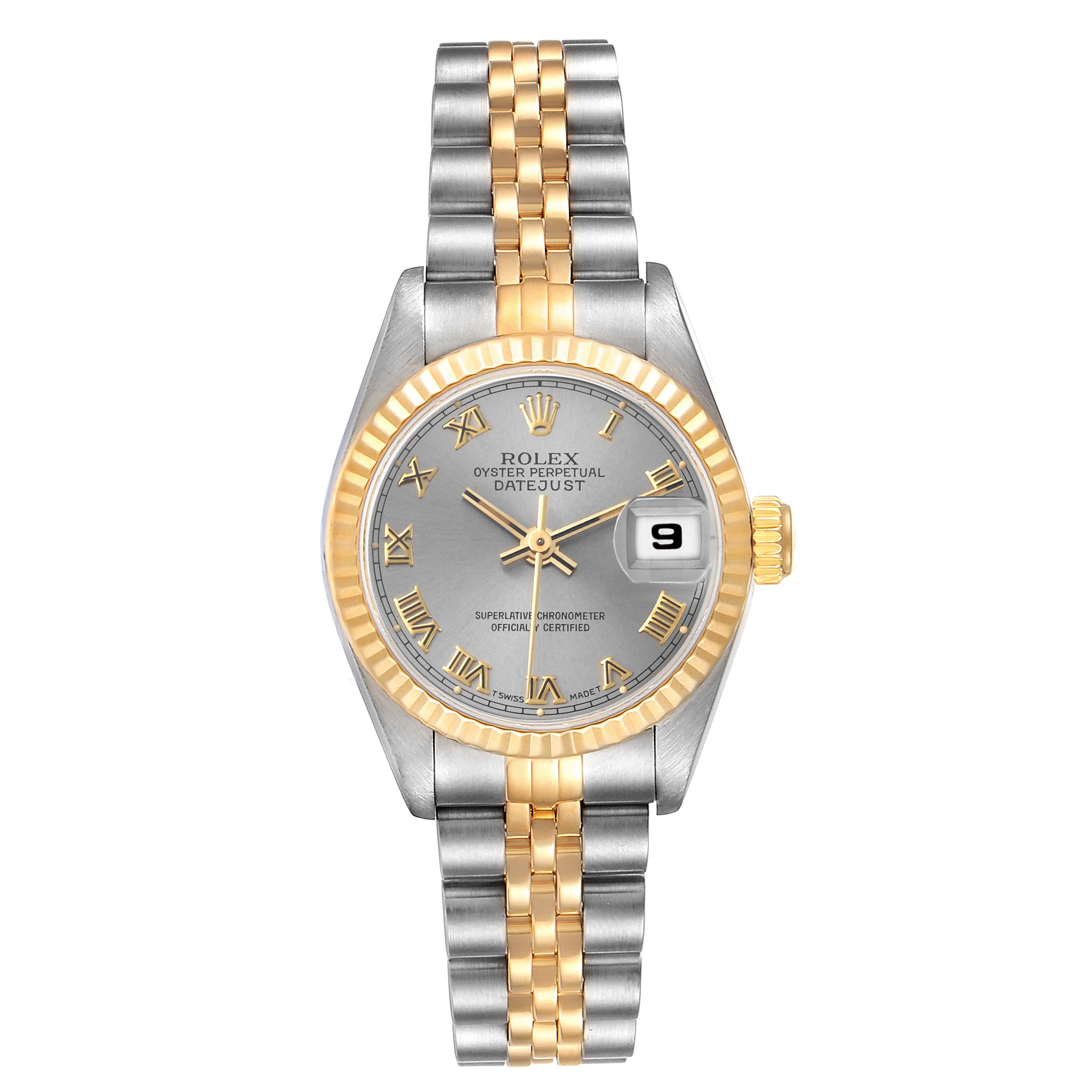 The image shows a front view of a Rolex Datejust 69173 Women
s Steel and Gold (two tone) Grey Dial 69173 Women
s Steel and Gold (two tone) Grey Dial watch, highlighting the dial, bezel, and bracelet.