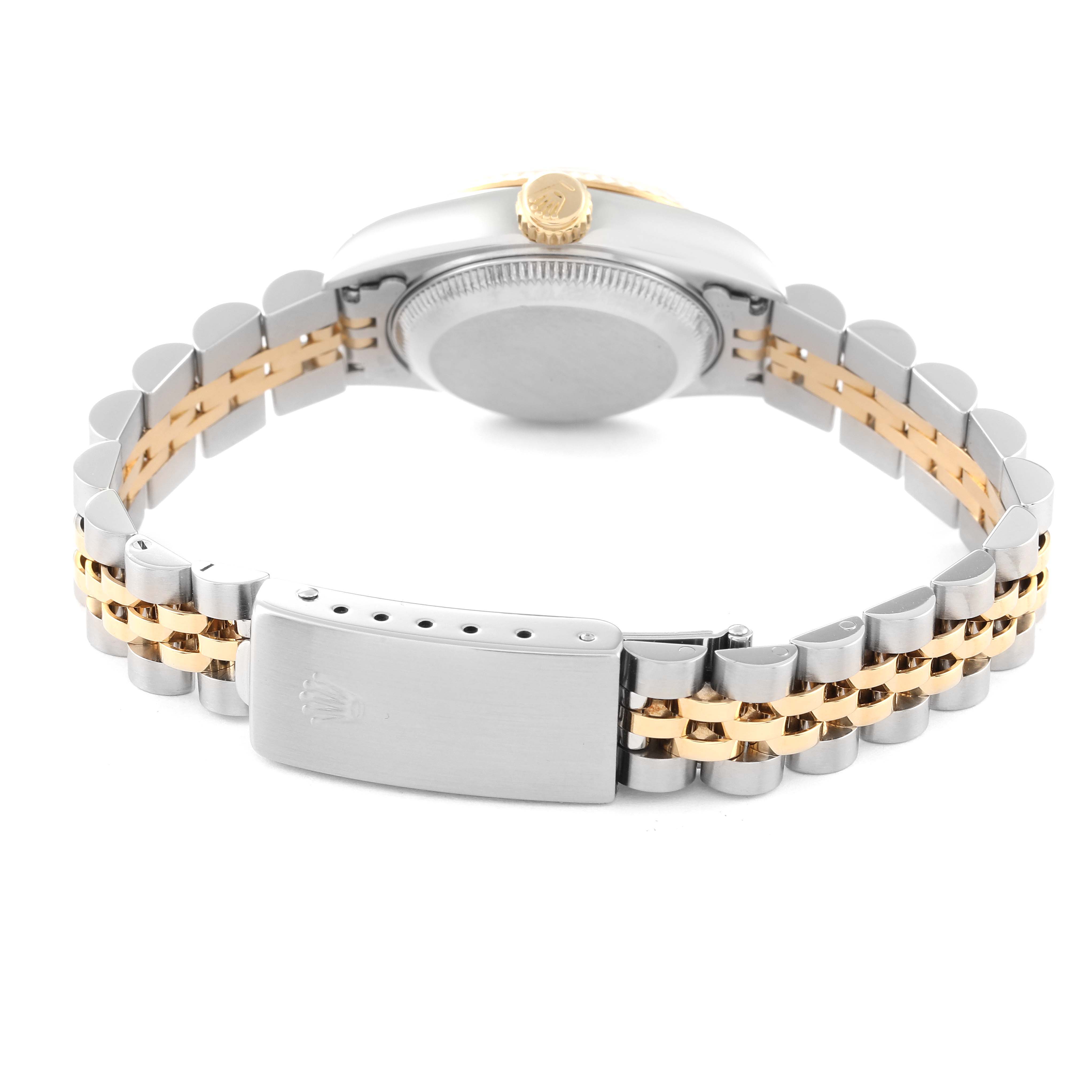 This image shows the back view of a Rolex Datejust 69173 Women
s Steel and Gold (two tone) Grey Dial 69173 Women
s Steel and Gold (two tone) Grey Dial watch, highlighting its case, crown, and the two-tone bracelet with the clasp.