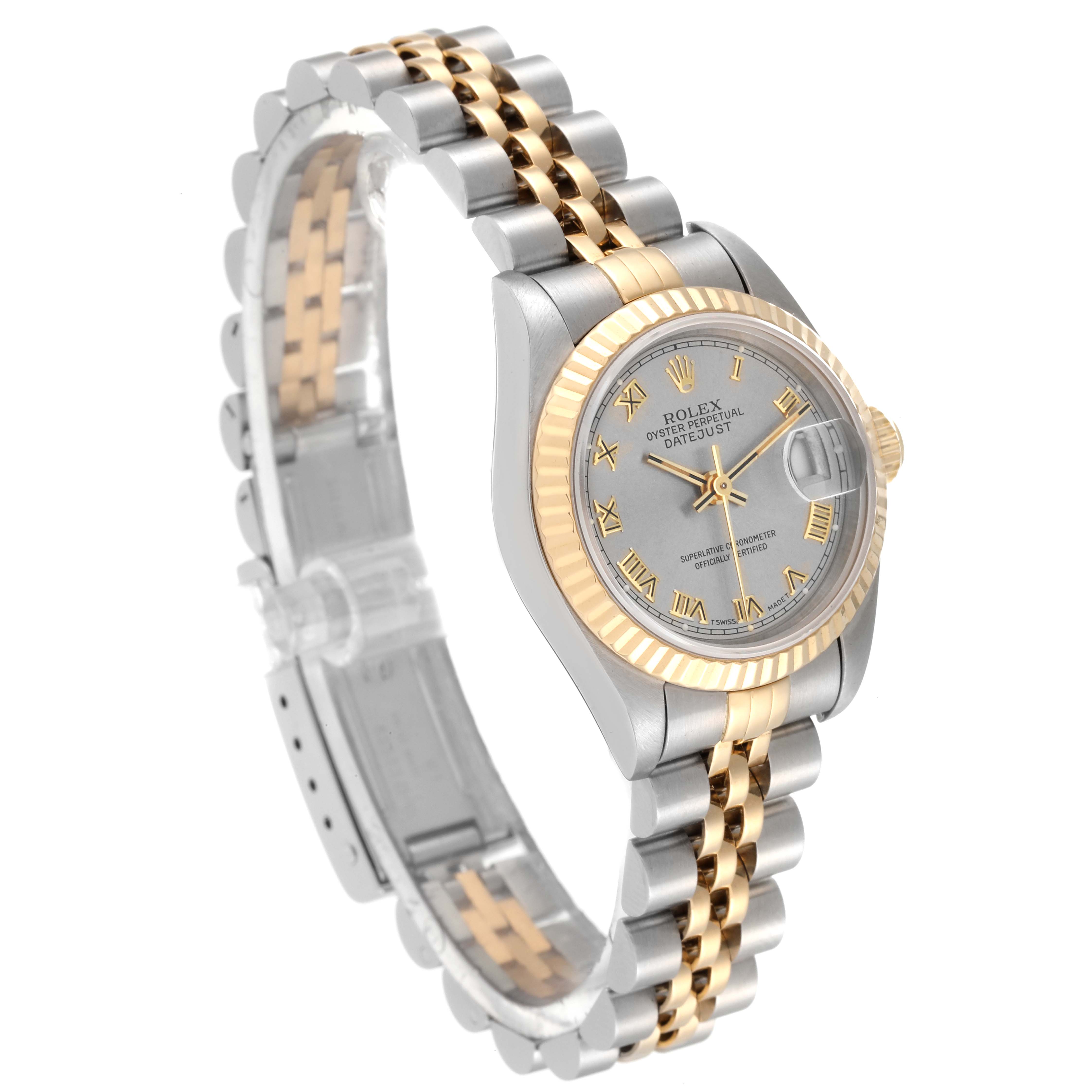 The Rolex Datejust 69173 Women
s Steel and Gold (two tone) Grey Dial 69173 Women
s Steel and Gold (two tone) Grey Dial watch is shown at a three-quarter angle, highlighting the dial, bezel, and two-tone bracelet.