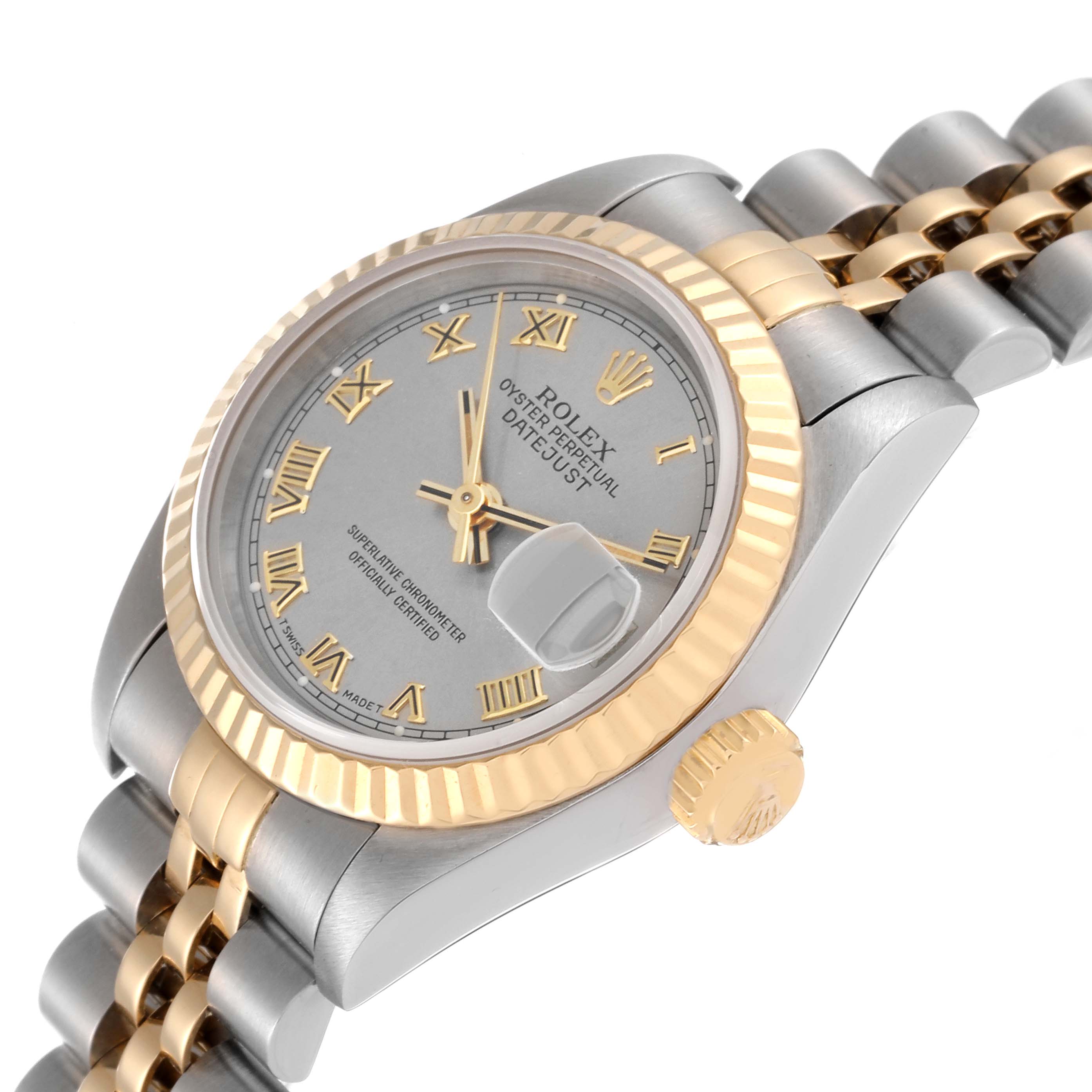 The Rolex Datejust 69173 Women
s Steel and Gold (two tone) Grey Dial 69173 Women
s Steel and Gold (two tone) Grey Dial watch is shown at an angle showcasing its face, bezel, crown, and part of the bracelet.