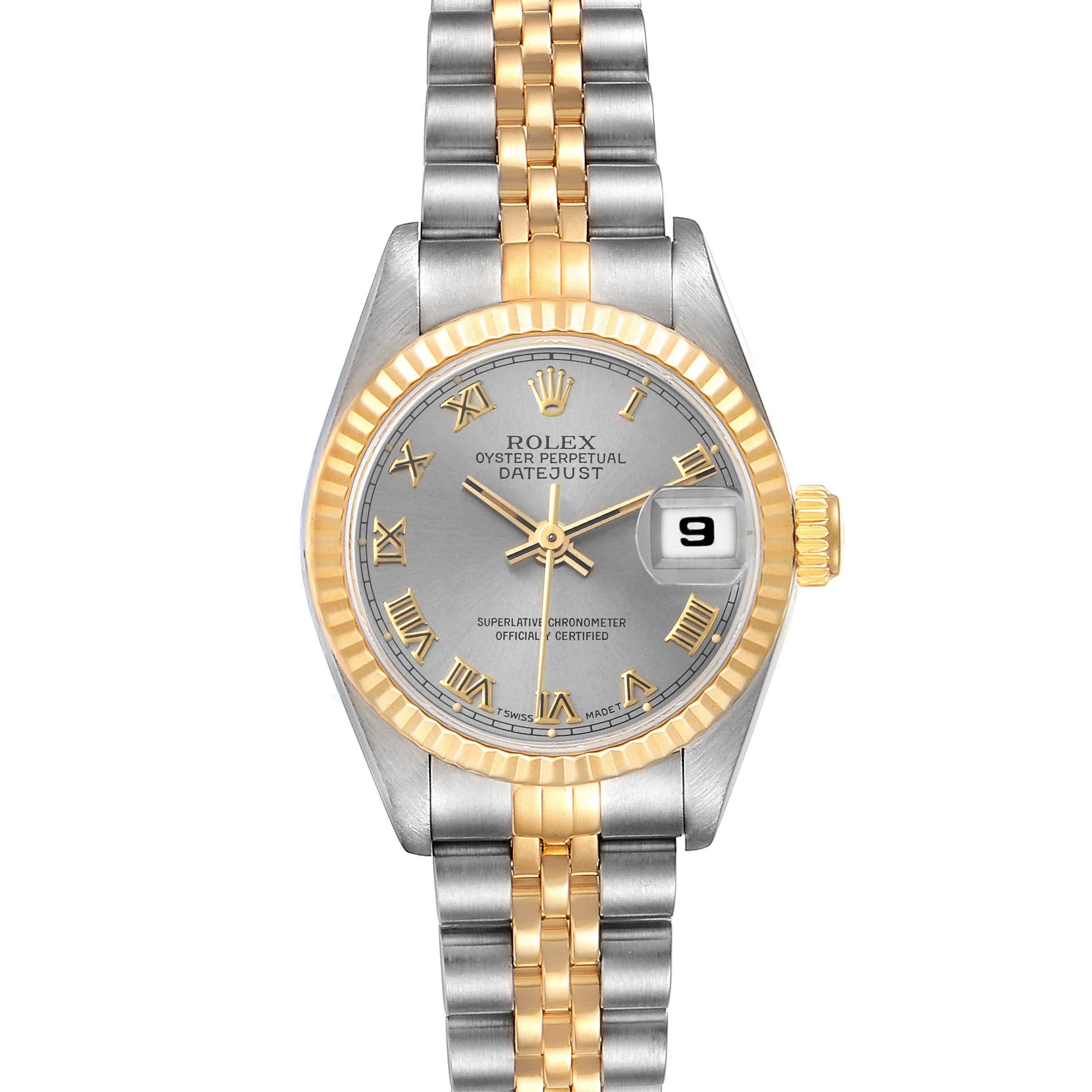 This image shows a front view of the Rolex Datejust 69173 Women
s Steel and Gold (two tone) Grey Dial 69173 Women
s Steel and Gold (two tone) Grey Dial watch, displaying its face, two-tone bracelet, and fluted bezel.